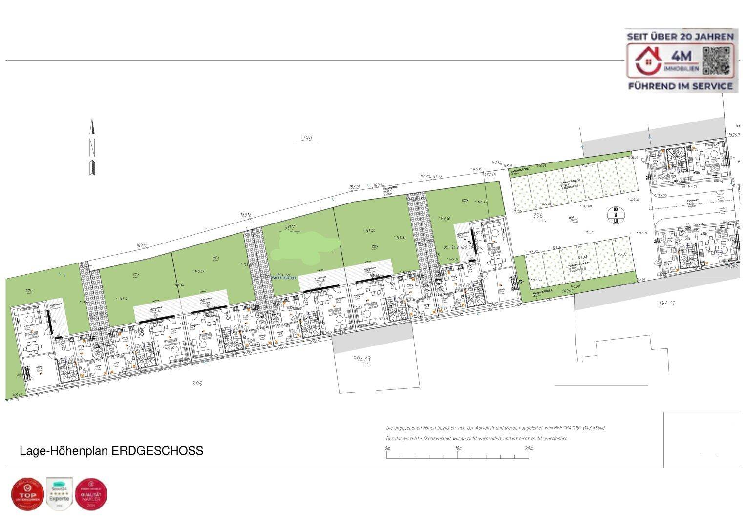 Grundrissplan des Erdgeschosses mit mehreren Wohneinheiten und zugehörigen Gartenbereichen.