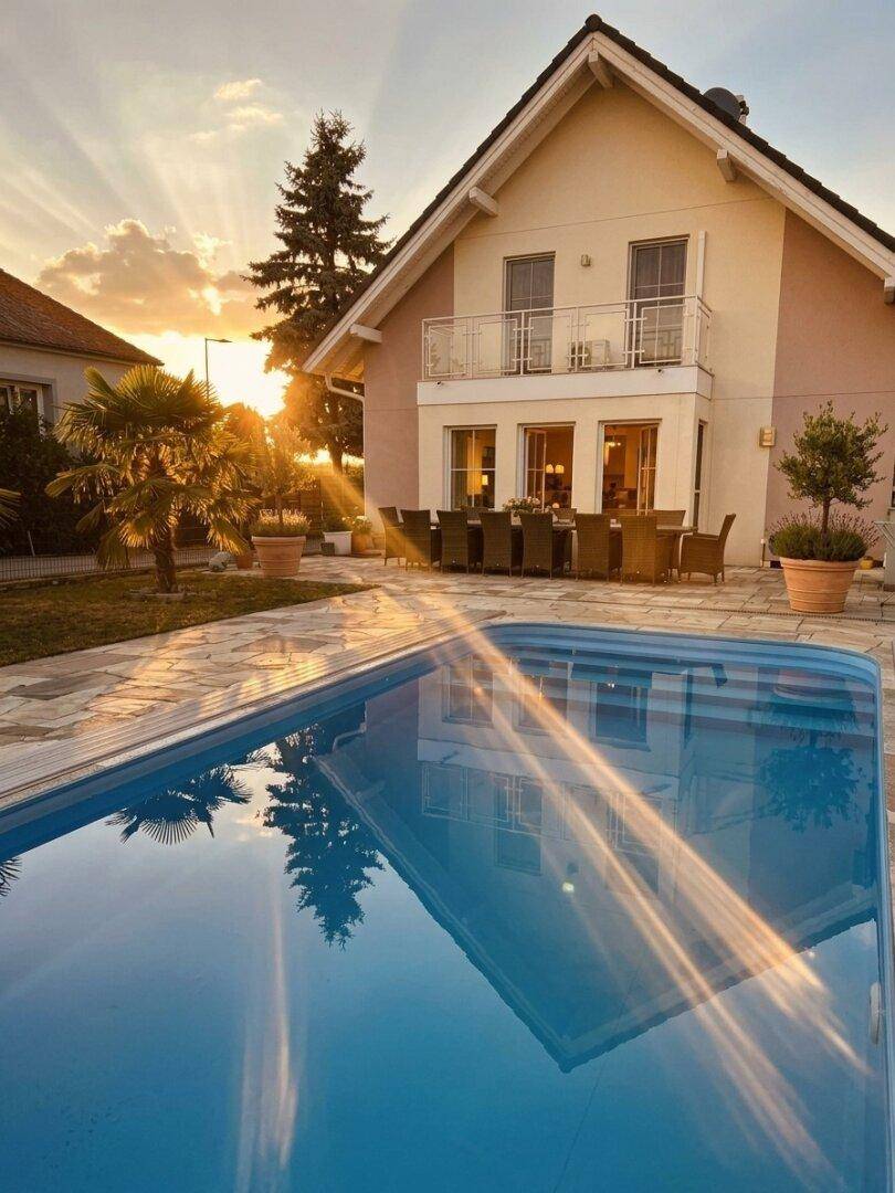 Sonnenuntergang über dem modernen Haus mit glitzerndem Swimmingpool und gemütlicher Terrasse im warmen Licht.