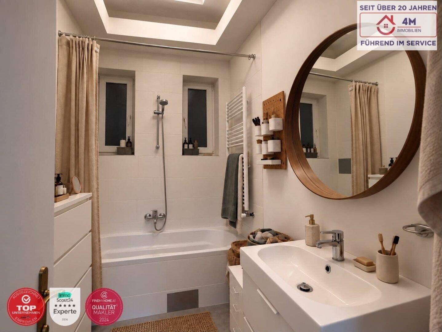 Modernes Badezimmer mit Badewanne, Einzelwaschbecken und beheiztem Handtuchhalter.