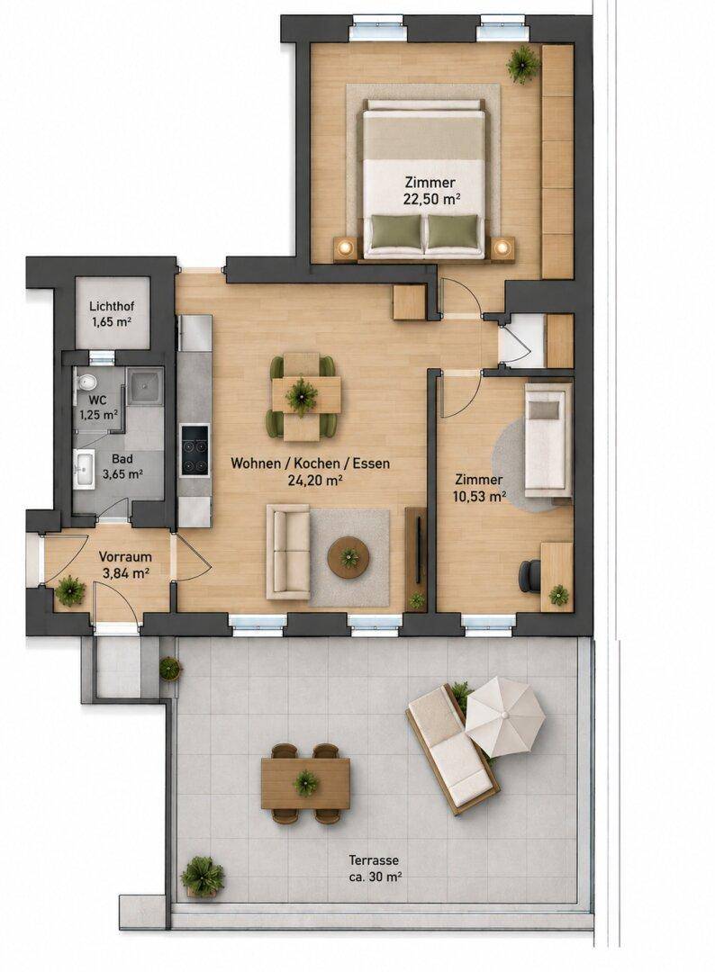 Detaillierter Grundriss der Wohnung mit Terrasse, Schlafzimmern und offenem Wohnbereich.