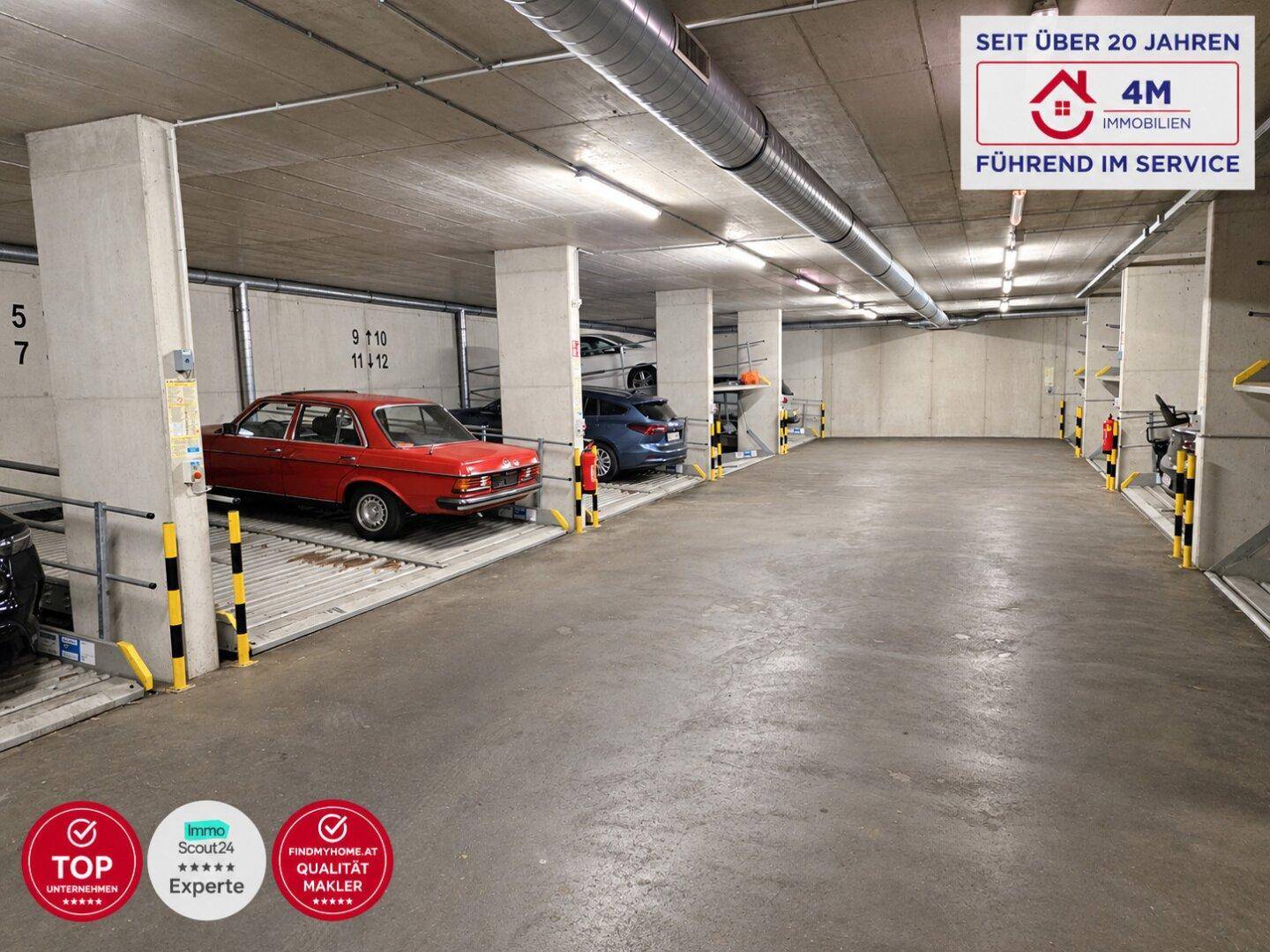 Geräumige Tiefgarage mit mehreren Stellplätzen und Betonkonstruktion.