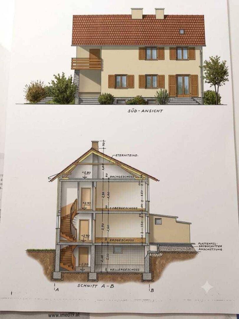 Eine architektonische Zeichnung mit Südansicht und Schnittansicht des Gebäudes.