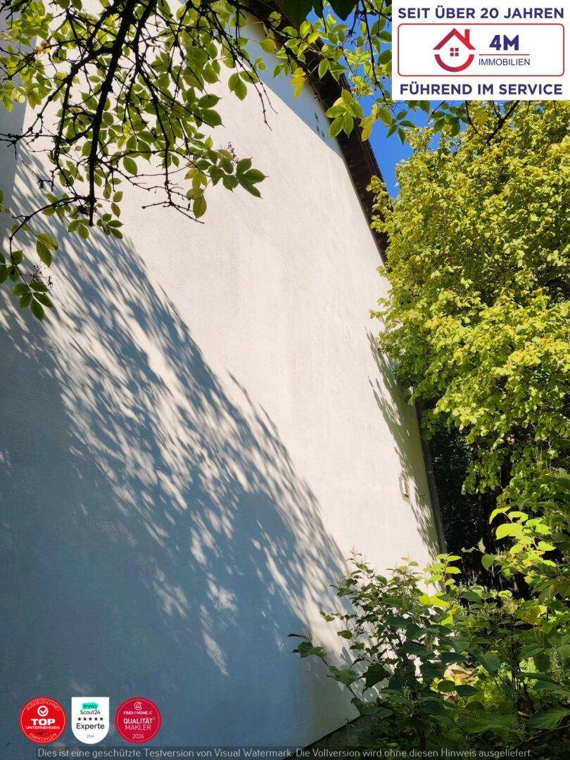 Weiße Hausfassade umgeben von üppigem Grün und natürlichen Schatten.