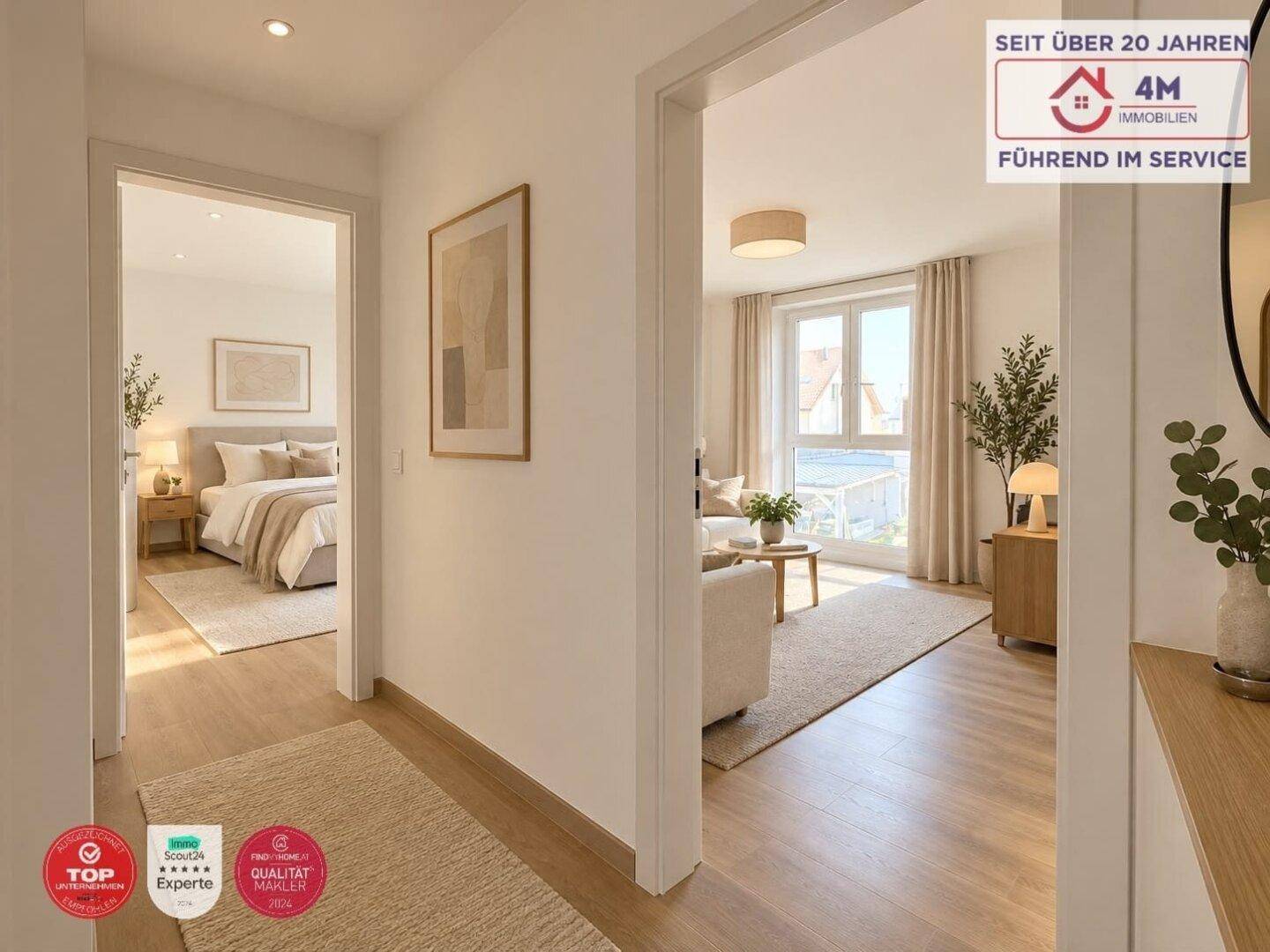 Heller Flur mit Blick in ein Schlafzimmer und einen weiteren Wohnbereich, ausgestattet mit modernem Bodenbelag.