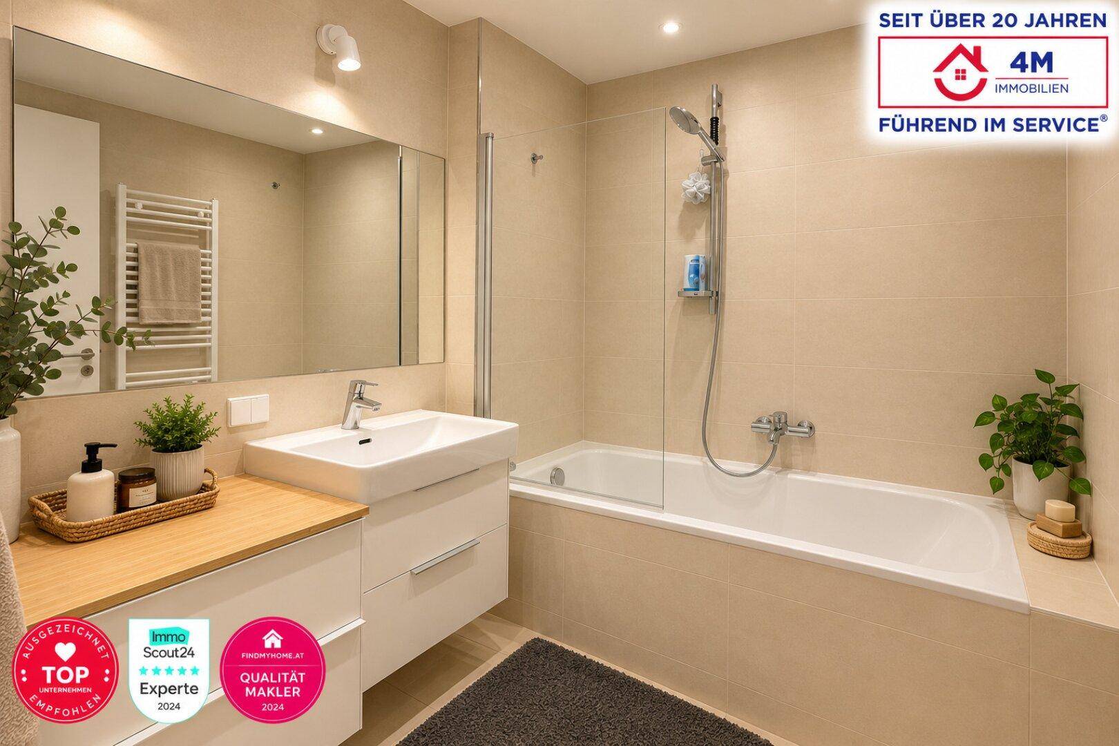 Modernes Badezimmer mit Badewanne, Dusche und Waschtisch, hell gefliest und gut ausgestattet.