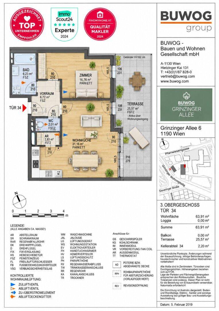 Detaillierter Grundriss einer Wohnung im 3. Obergeschoss mit Terrasse und Loggia, 63,91 m² Wohnfläche.