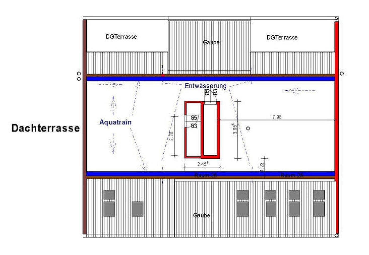 Grundrissplan einer Dachterrasse mit verschiedenen Bereichen und integrierten Gauben.