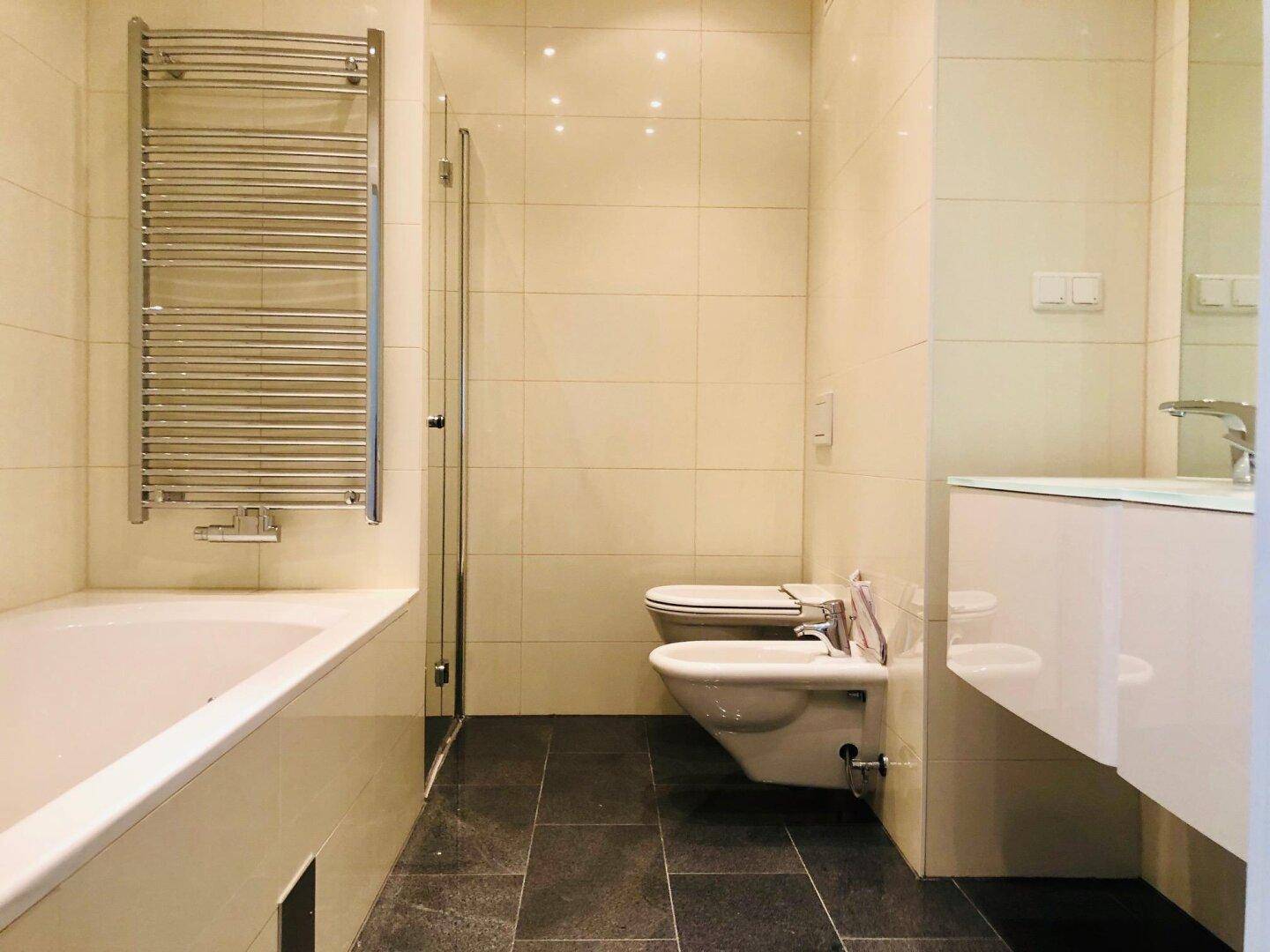 Modernes Badezimmer mit Badewanne, Duschkabine, Bidet und beheiztem Handtuchhalter.