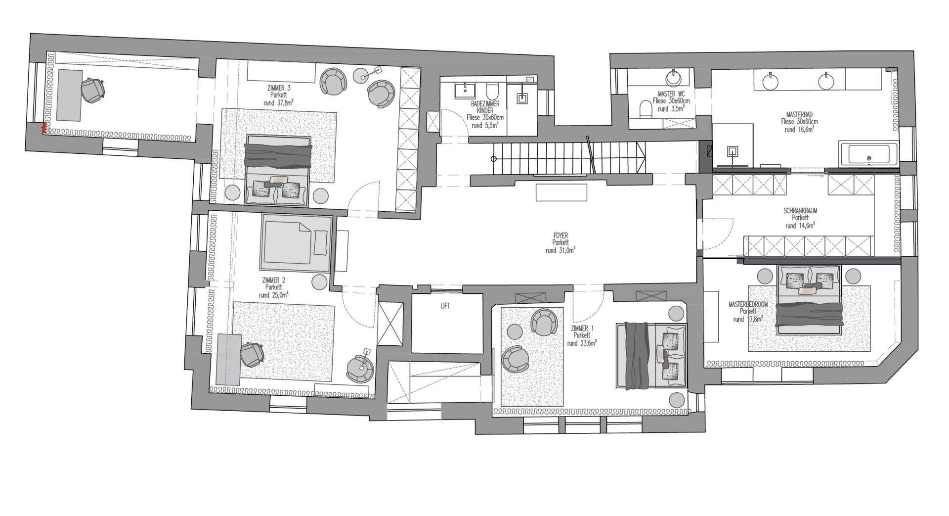 Grundriss des Obergeschosses mit mehreren Schlafzimmern und Bädern, inklusive Master-Suite.