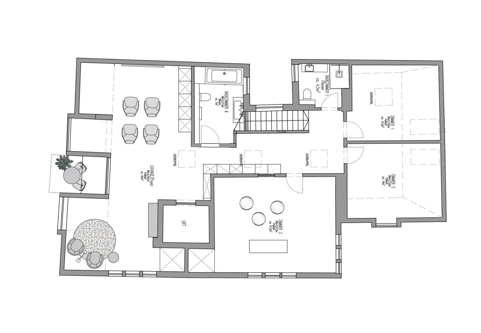 Grundriss einer weiteren Etage mit Lounge-Bereich, zusätzlichen Zimmern und Terrasse.
