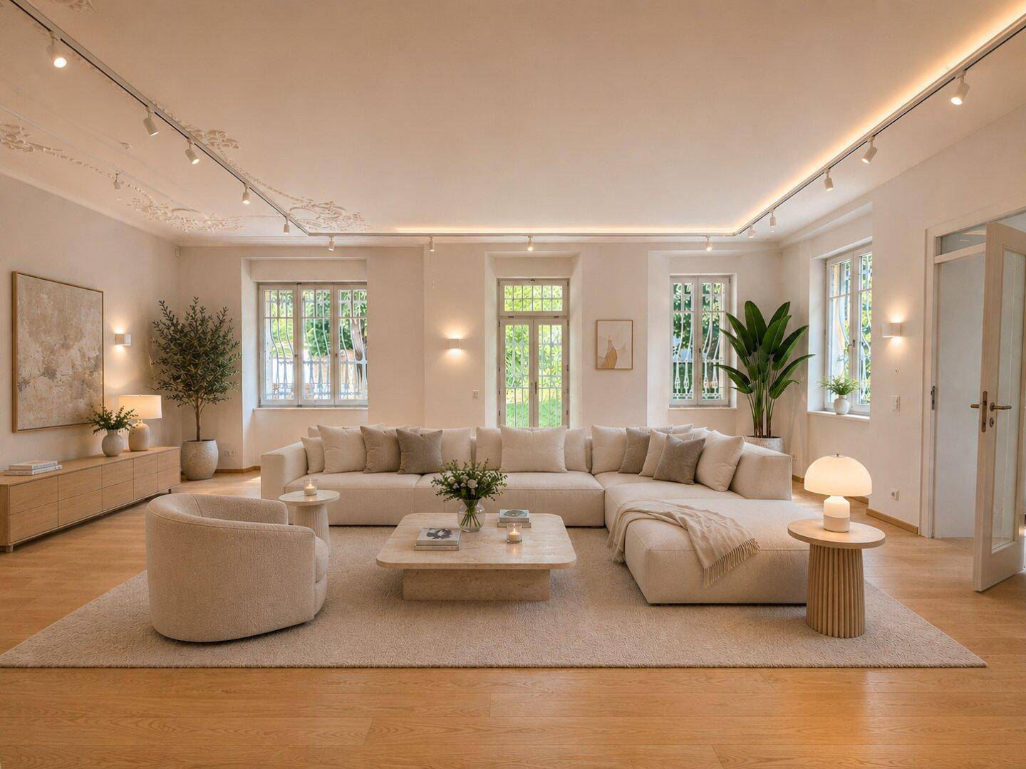Helles, modern eingerichtetes Wohnzimmer mit Stuckdecke und großen Fenstern.