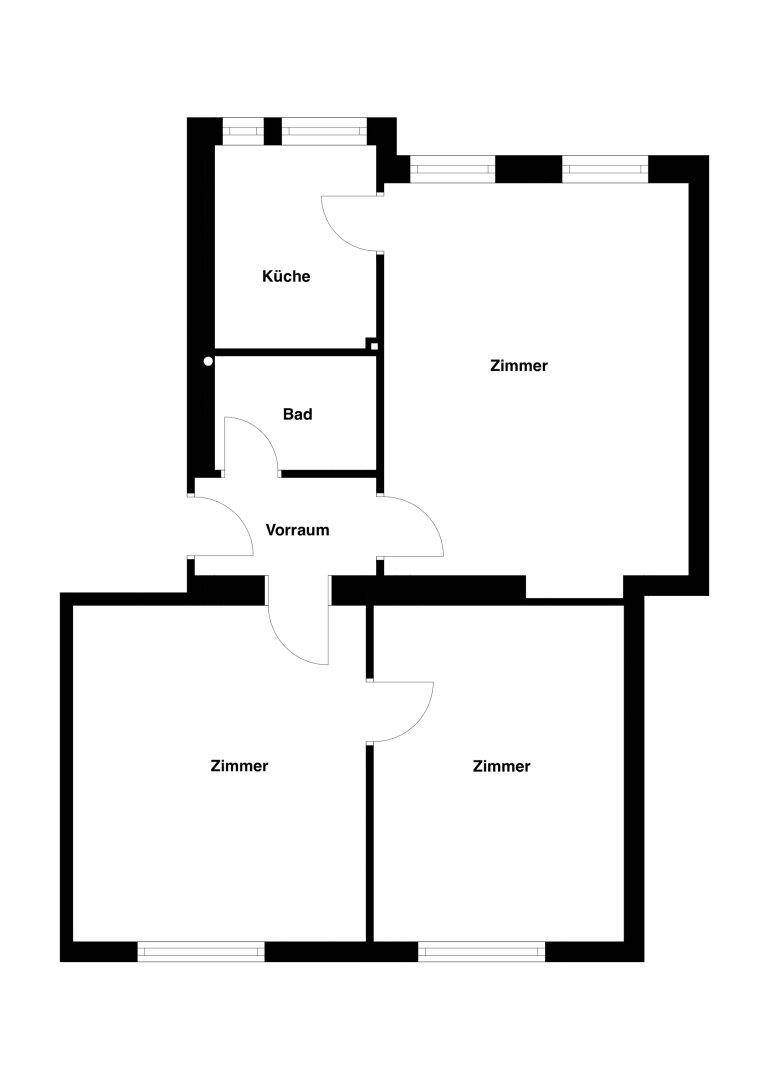 Grundriss einer Wohnung mit Küche, Bad, Vorraum und drei Zimmern.