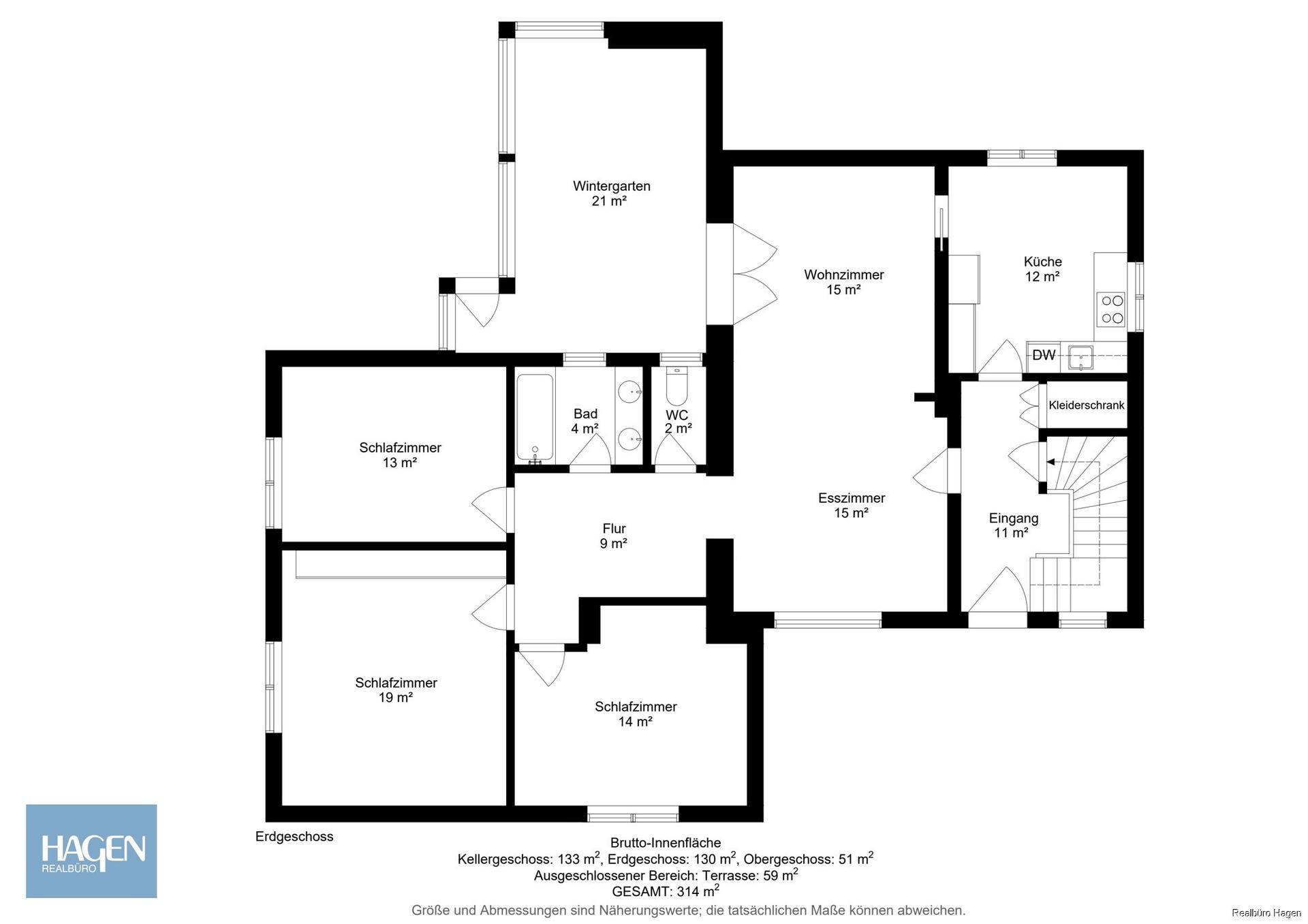 Grundriss des Erdgeschosses mit Wohnzimmer, Küche, Schlafzimmern, Bad und Wintergarten.