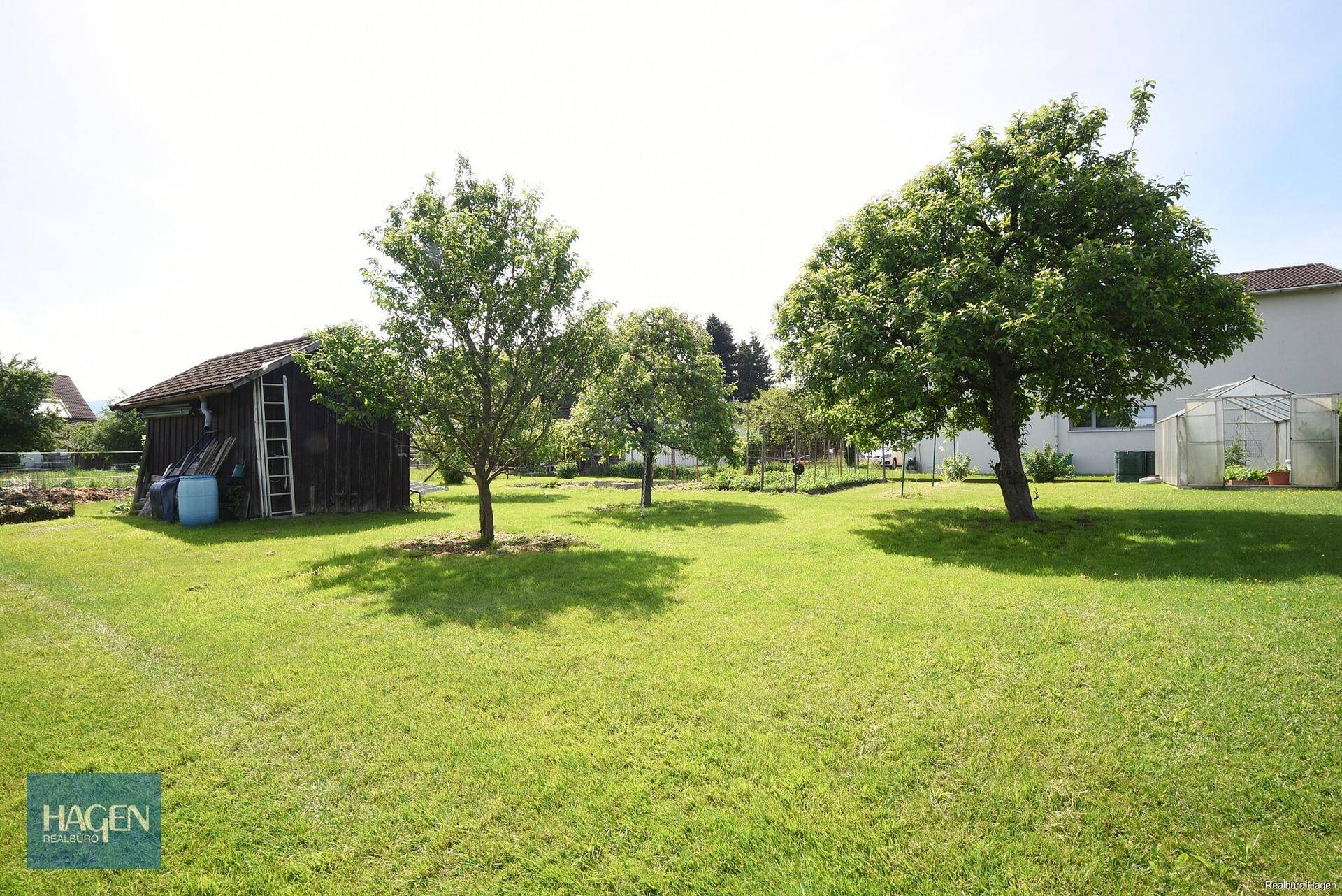 Gepflegter Garten mit Rasenfläche, Obstbäumen und einem kleinen Holzschuppen unter blauem Himmel.