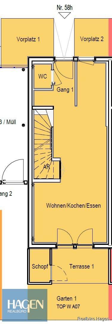 Grundriss des Erdgeschosses mit offenem Wohn-, Koch- und Essbereich sowie Terrasse und Garten.