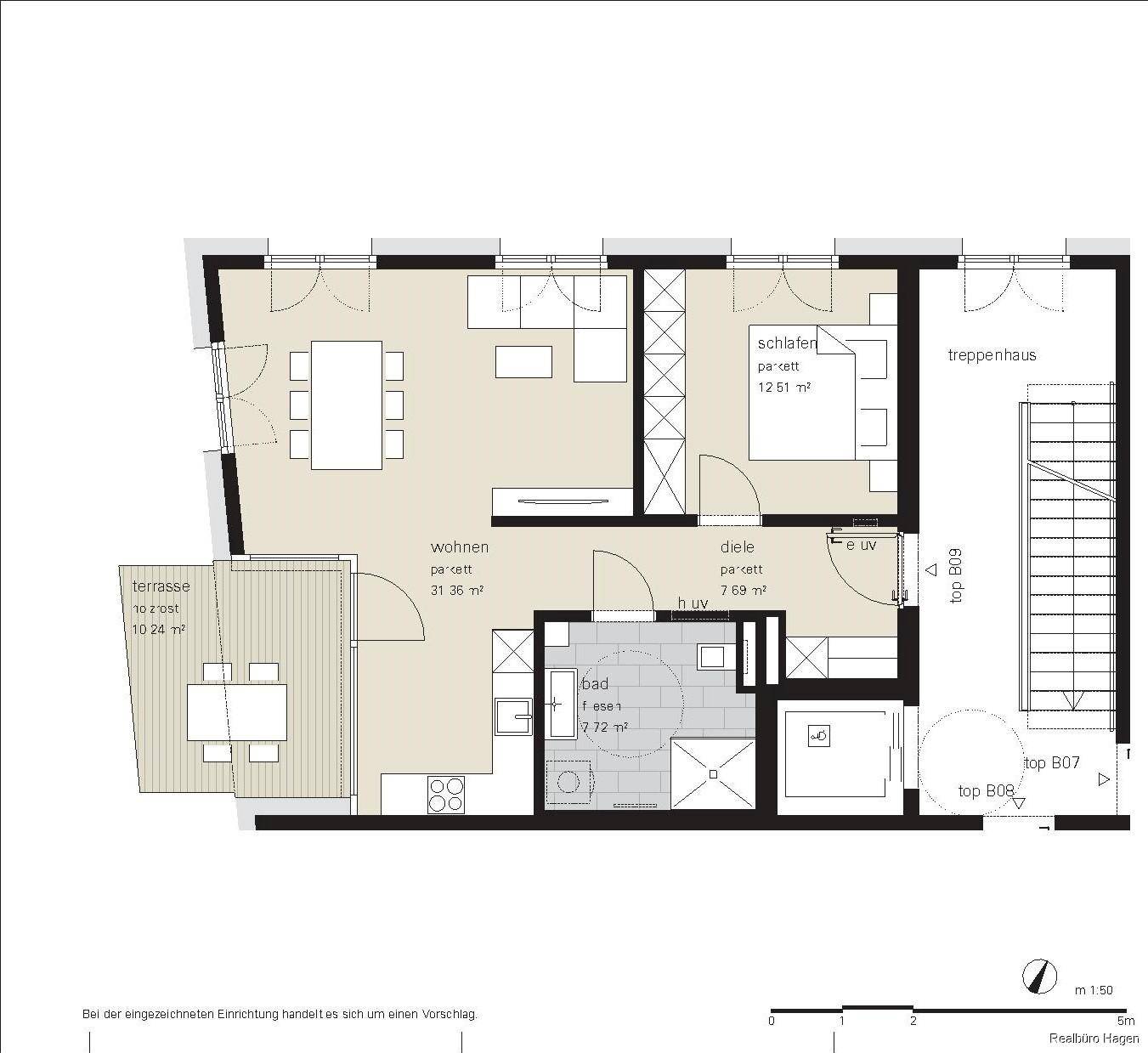 Dieser Grundriss zeigt eine Wohnung mit einem Schlafzimmer, einem Badezimmer und einer geräumigen Terrasse.