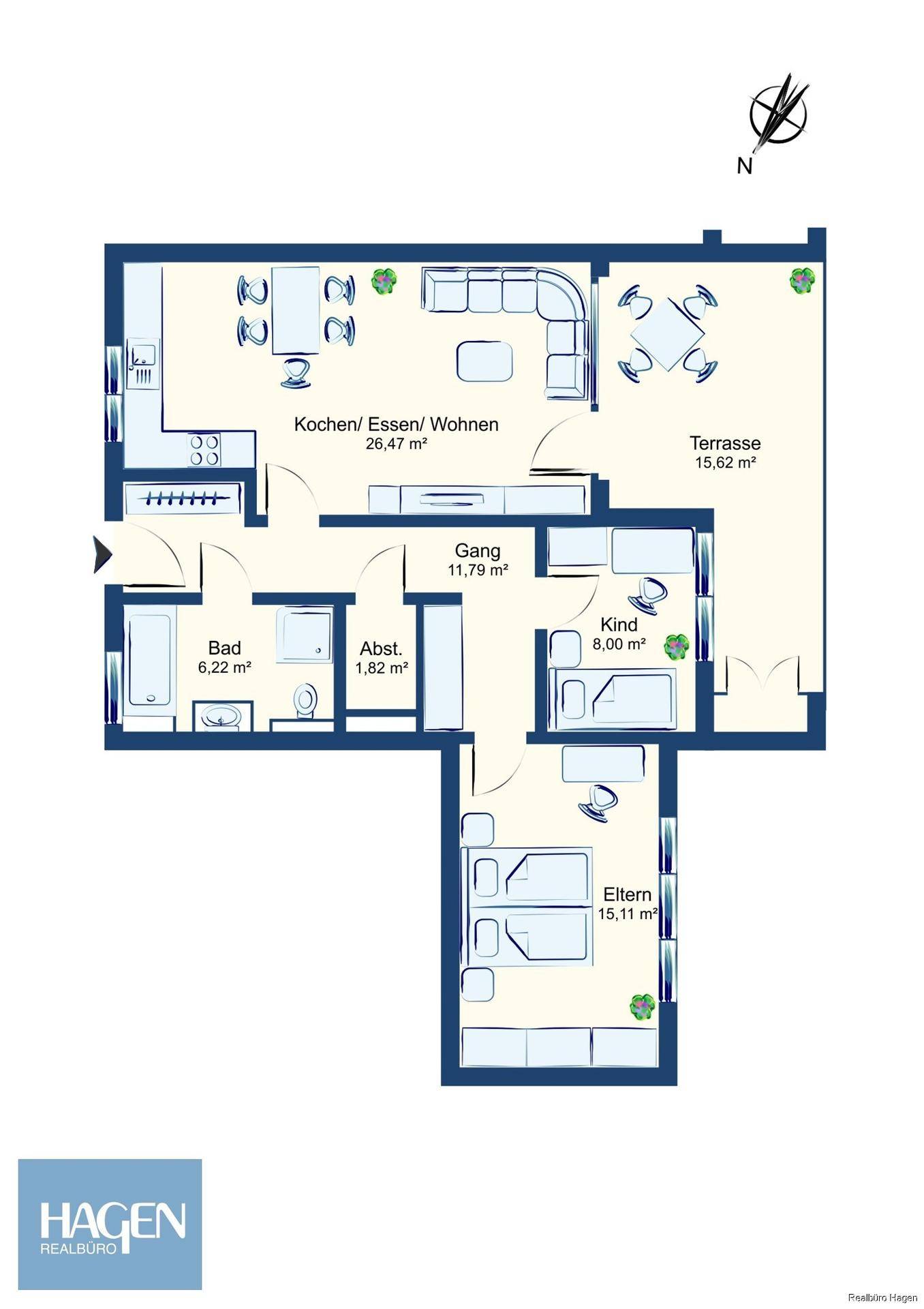 Detaillierter Grundriss der Wohnung mit Aufteilung in Küche, Wohnen, Essen, Bad und Schlafzimmer.