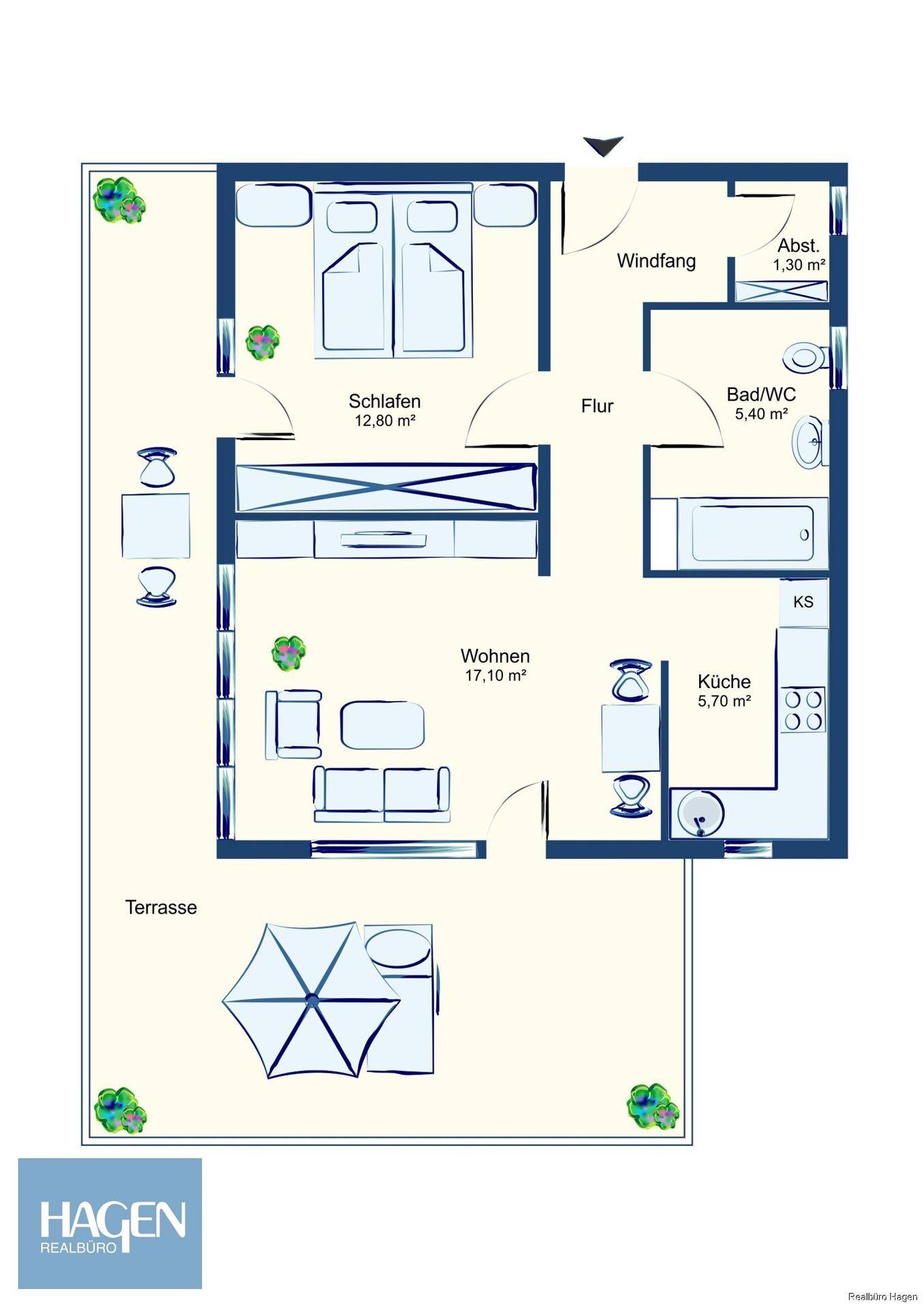 Grundriss einer Wohnung mit Schlafzimmer, Wohnzimmer, Küche, Bad und großer Terrasse.