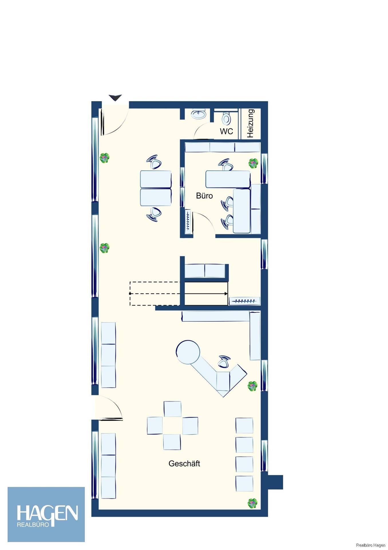 Grundriss einer Etage mit Ladenfläche, Büro, WC und Heizungsraum.