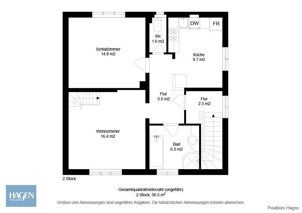 Grundriss des zweiten Stocks mit Wohnzimmer, Schlafzimmer, Bad, WC und einer funktionalen Küche.