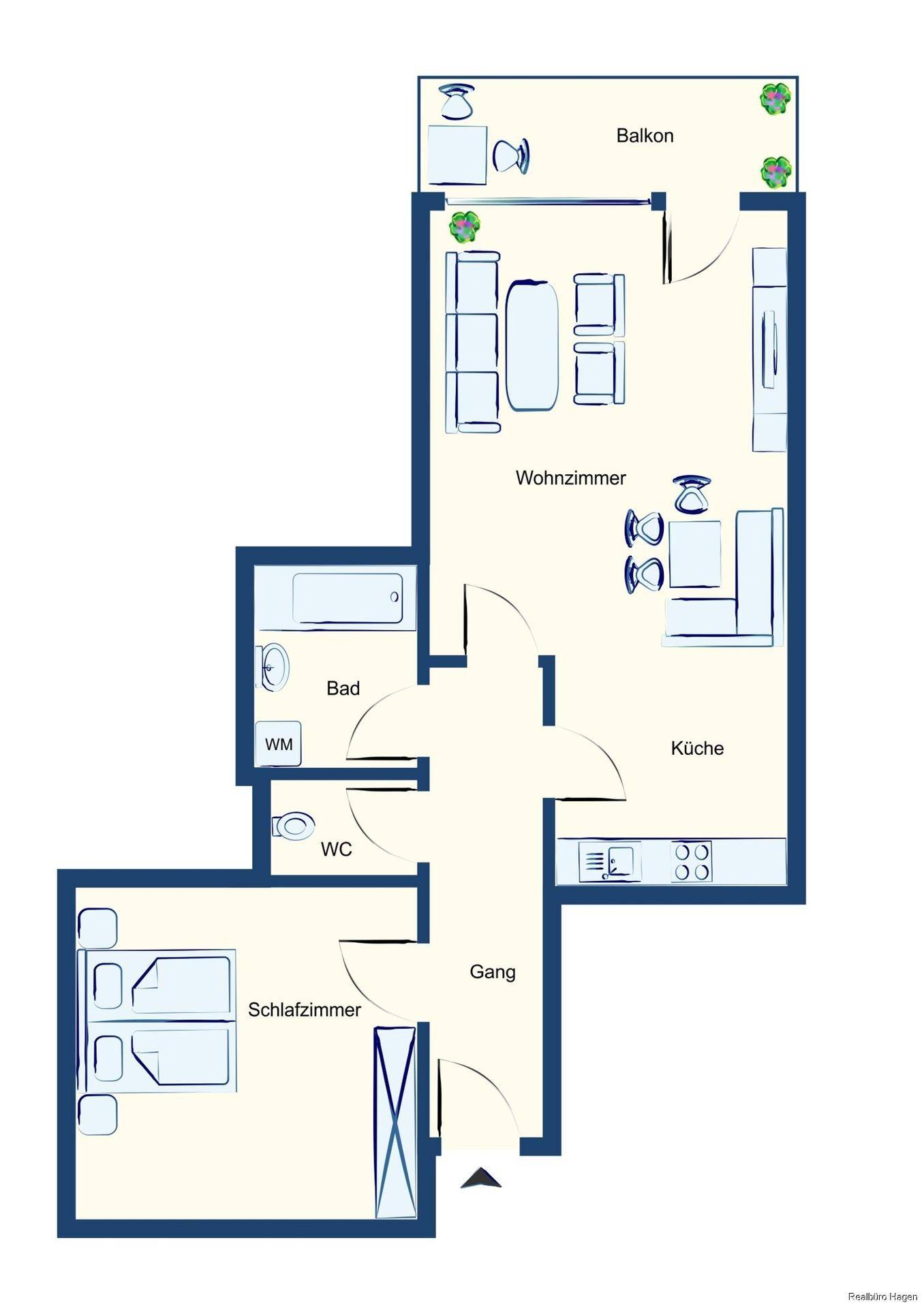 Grundriss der Wohnung mit Wohnzimmer, Schlafzimmer, Küche, Bad und Balkon.