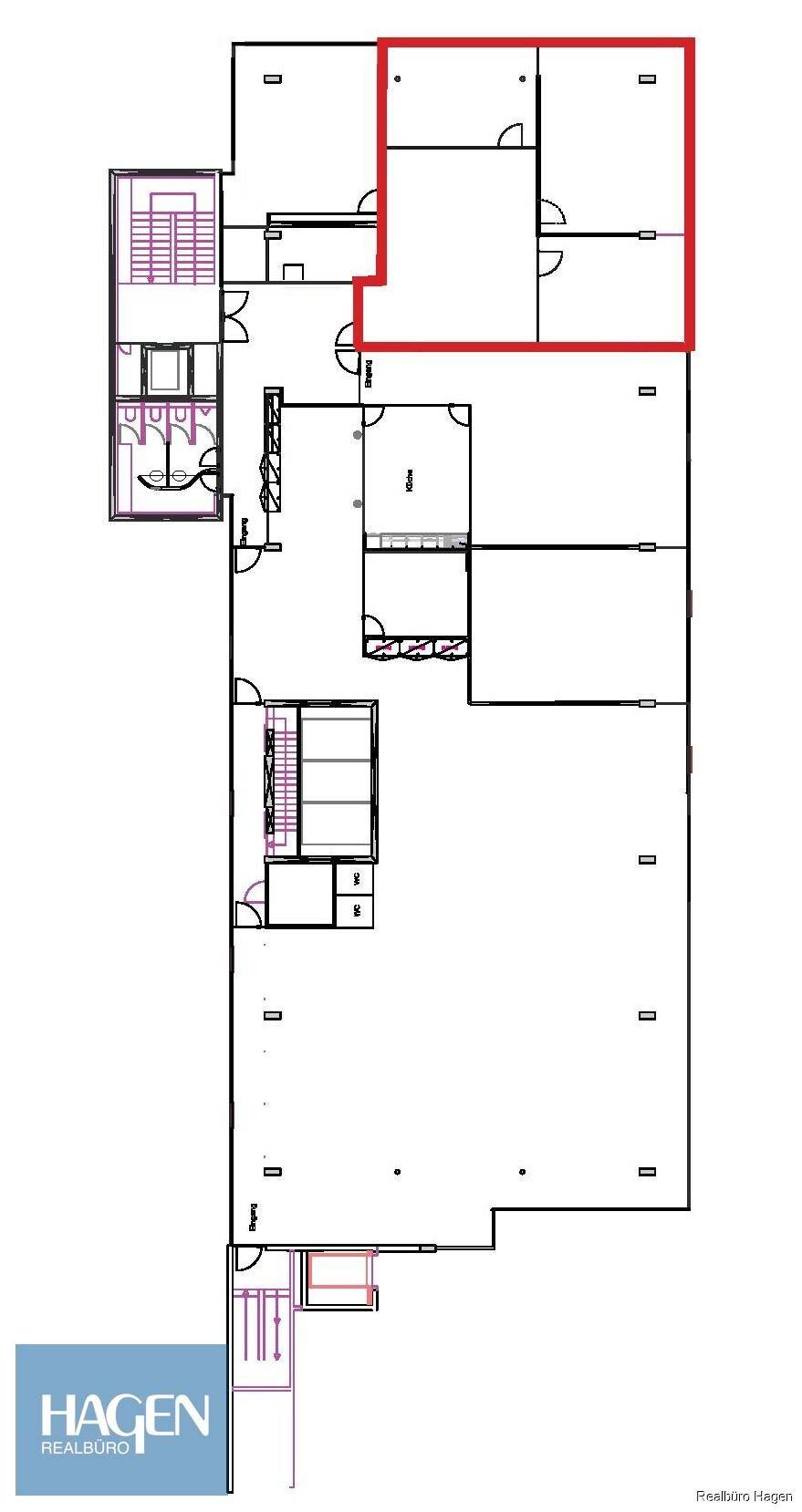 Grundriss eines Gebäudes mit Treppenhaus und einem rot umrandeten Bereich.