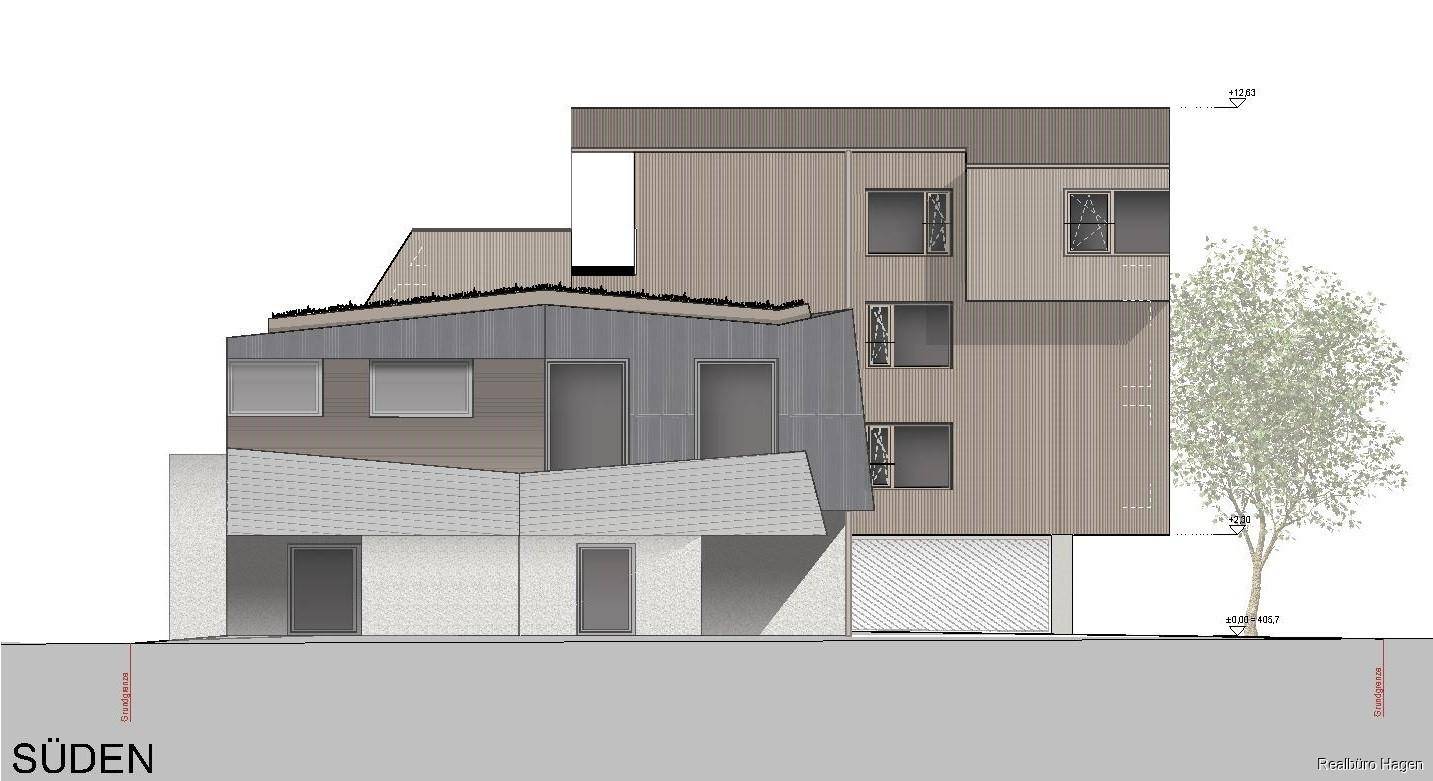 Architektonische Darstellung der Südfassade des Gebäudes mit moderner Gestaltung.