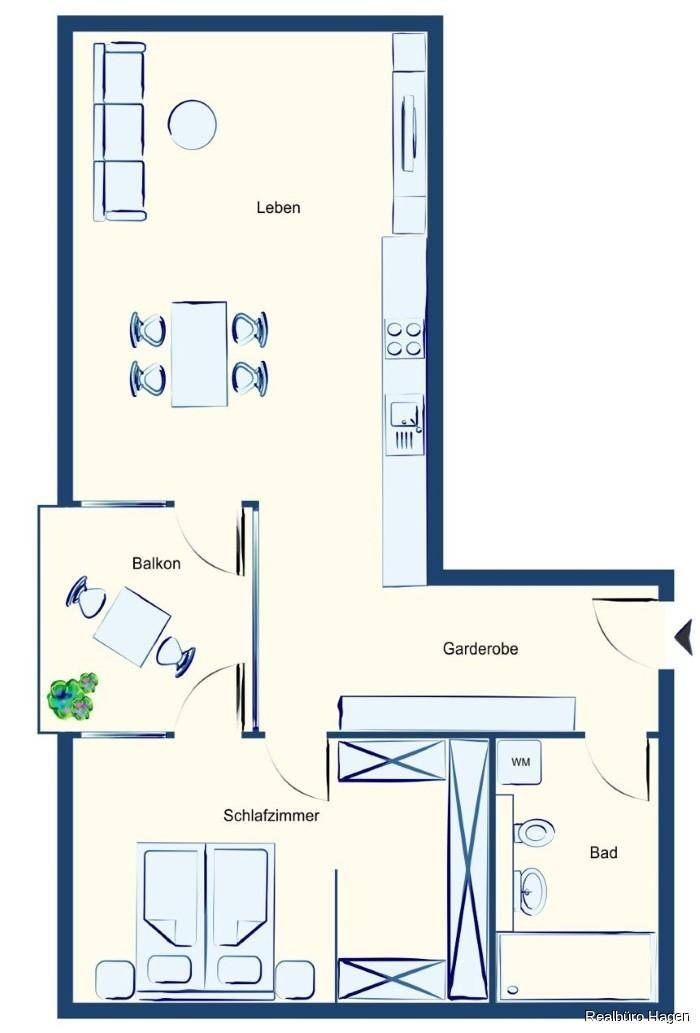 Grundriss der Wohnung mit offenem Wohnbereich, Schlafzimmer und Balkon.