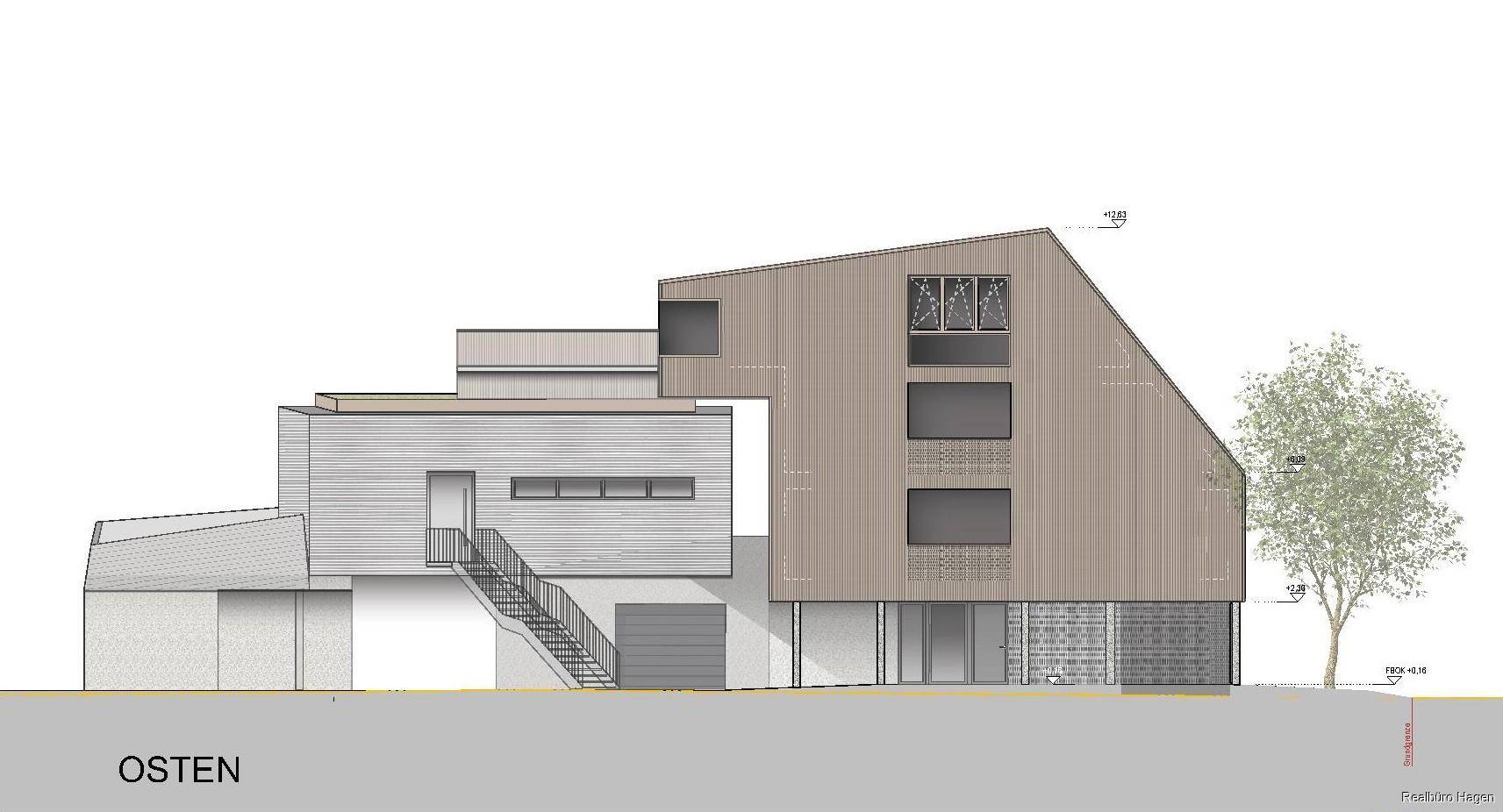Architektonische Darstellung der Ostfassade des Gebäudes mit Treppenaufgang.