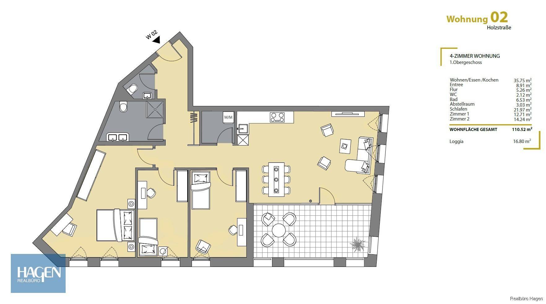 Detaillierter Grundriss einer 4-Zimmer-Wohnung mit Loggia und offenem Wohnbereich.