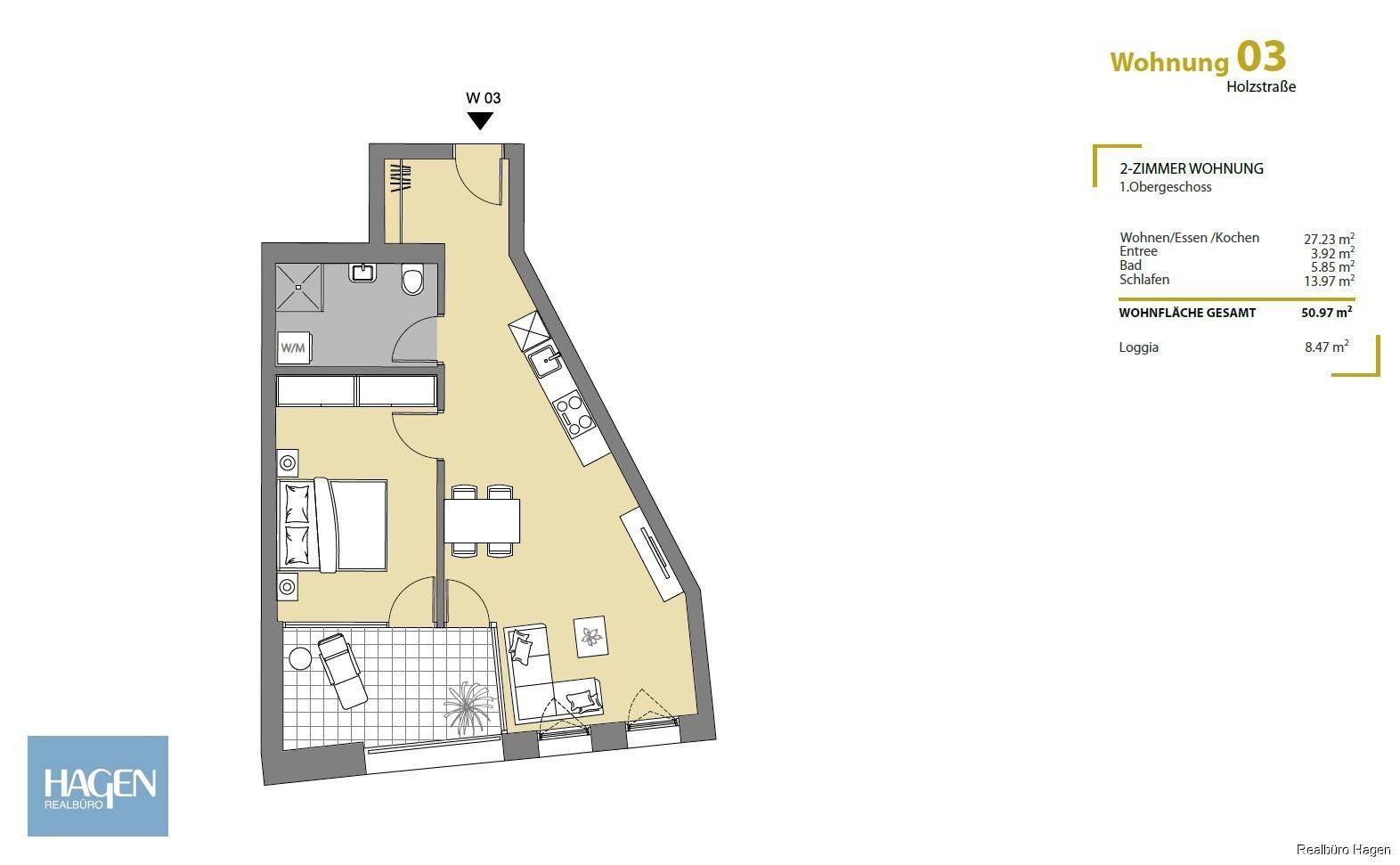 Grundriss einer 2-Zimmer-Wohnung im 1. Obergeschoss mit offener Küche, Schlafzimmer und Loggia.