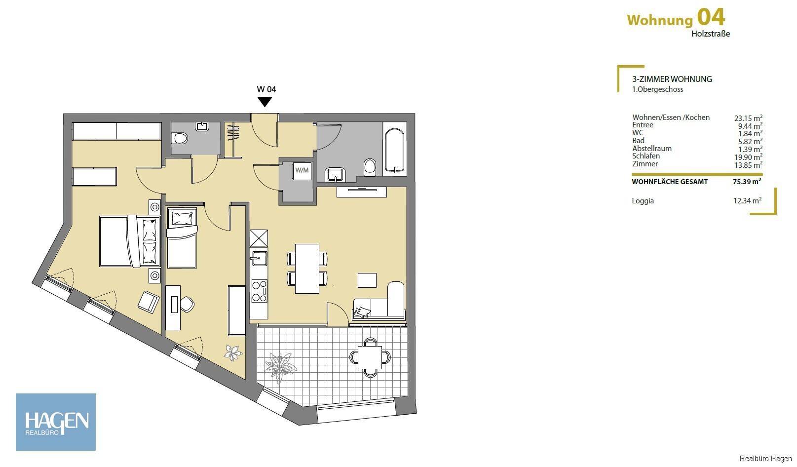 Grundriss der Wohnung 04 mit offenem Wohnbereich, Schlafzimmer, Bad und Loggia.