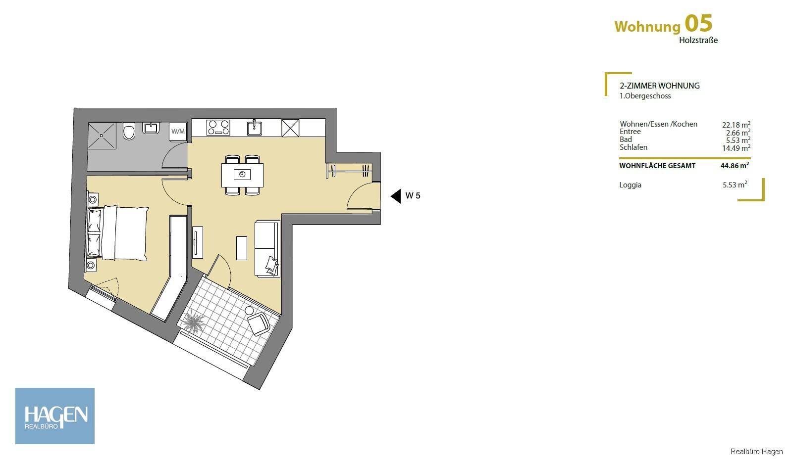 Grundriss einer 2-Zimmer-Wohnung mit offenem Wohnbereich, Schlafzimmer, Bad und Loggia.