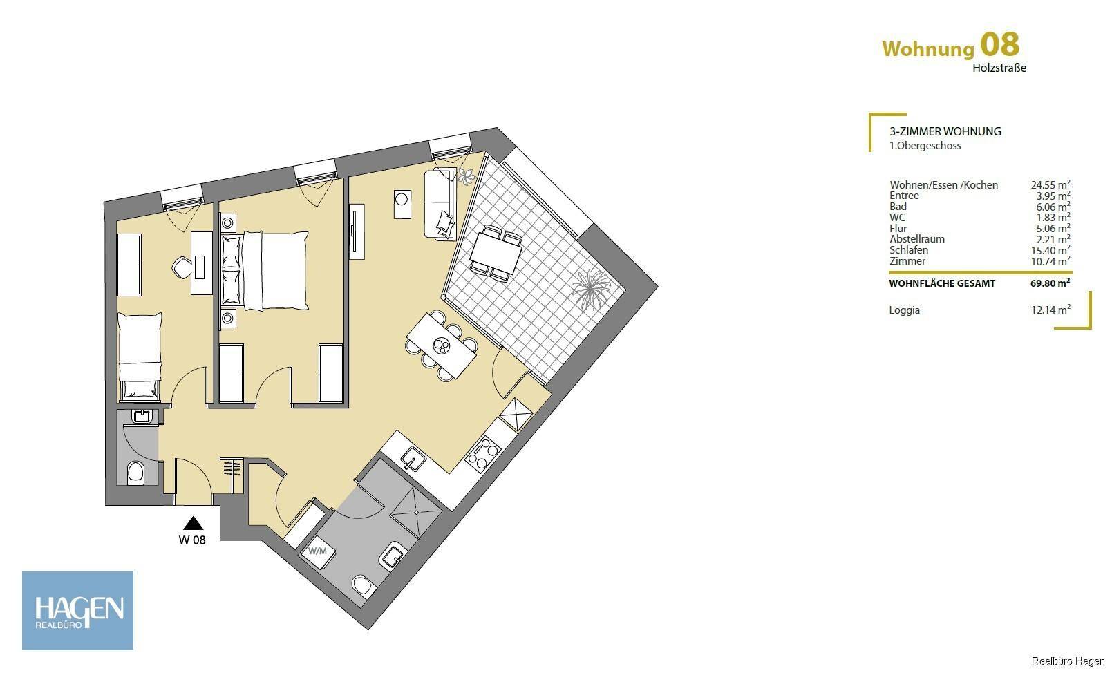 Grundriss der Wohnung 08 mit drei Zimmern, Loggia und offenem Wohn-/Essbereich.