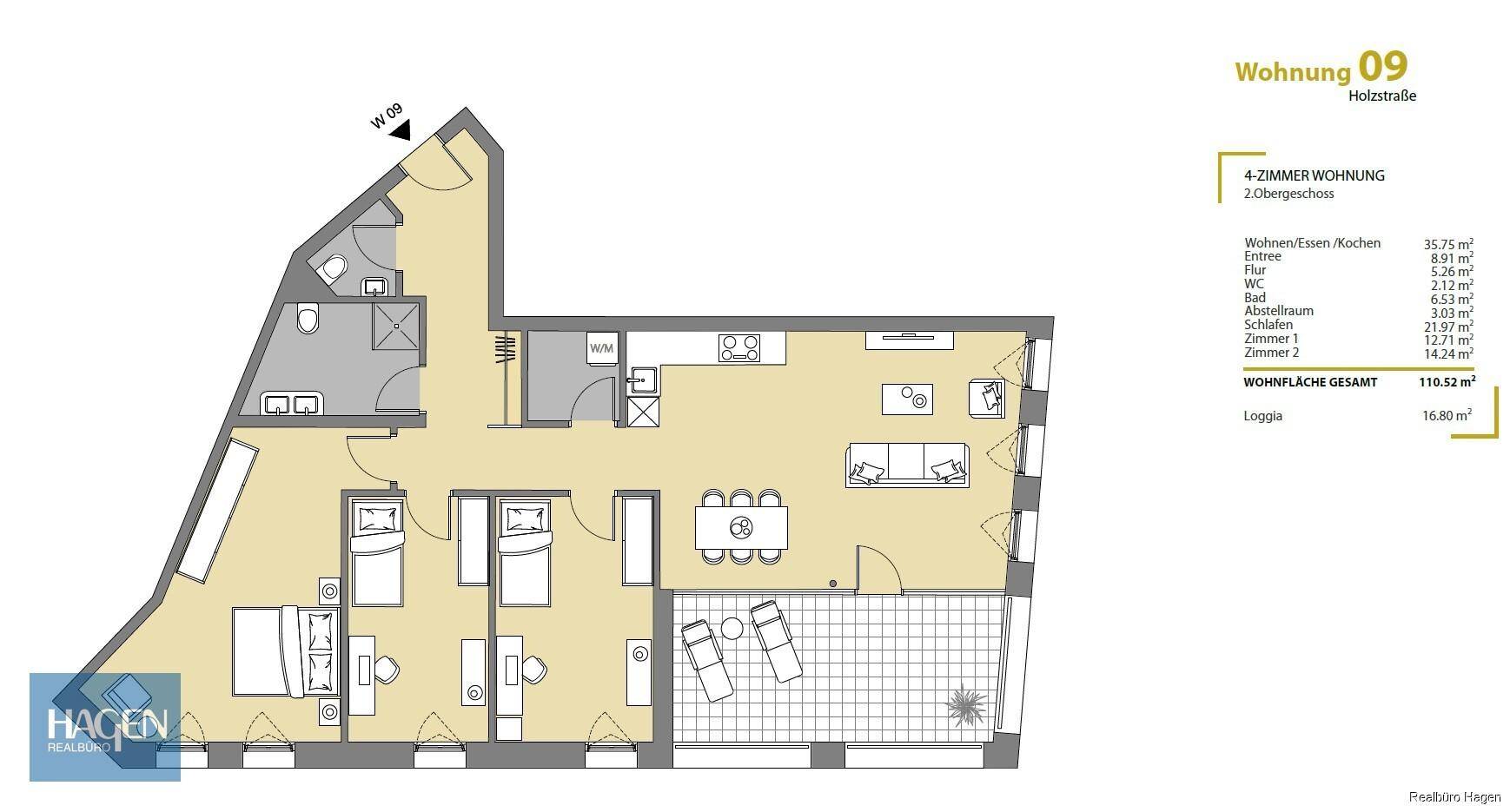 Grundriss einer 4-Zimmer-Wohnung im 2. Obergeschoss mit offener Wohnküche und Loggia.