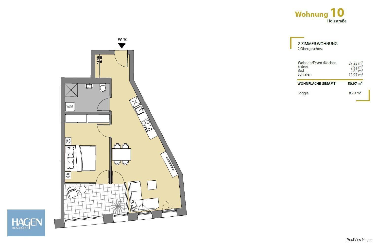 Grundriss einer 2-Zimmer-Wohnung mit offener Küche, Schlafzimmer und Loggia.