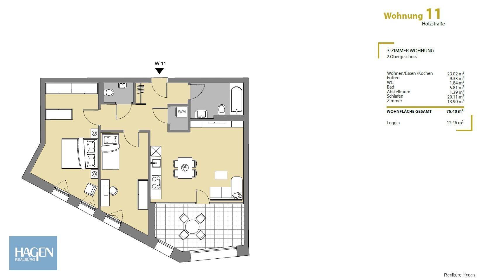 Grundriss einer 3-Zimmer-Wohnung im 2. Obergeschoss mit Loggia und offenem Wohnbereich.