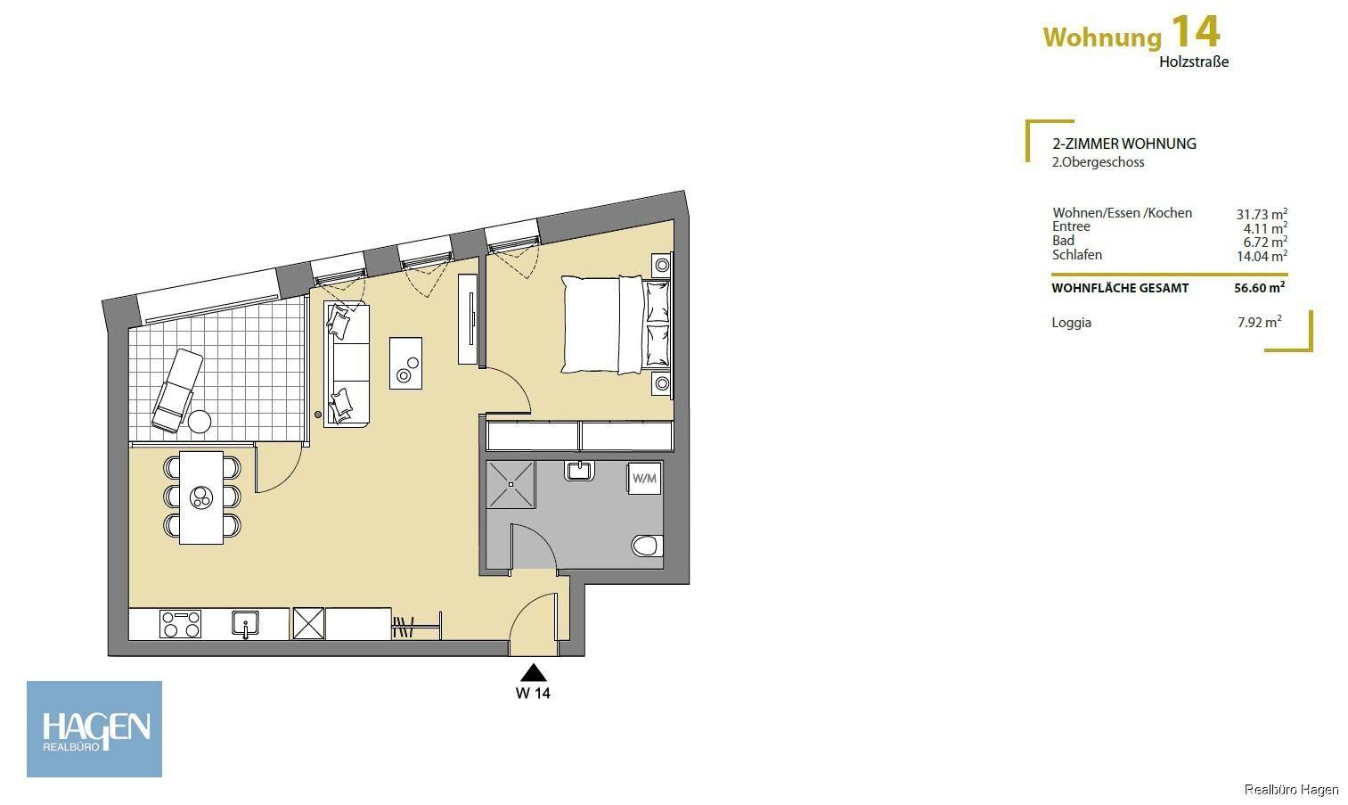 Grundriss einer 2-Zimmer-Wohnung im 2. Obergeschoss mit offener Wohnküche und Loggia.