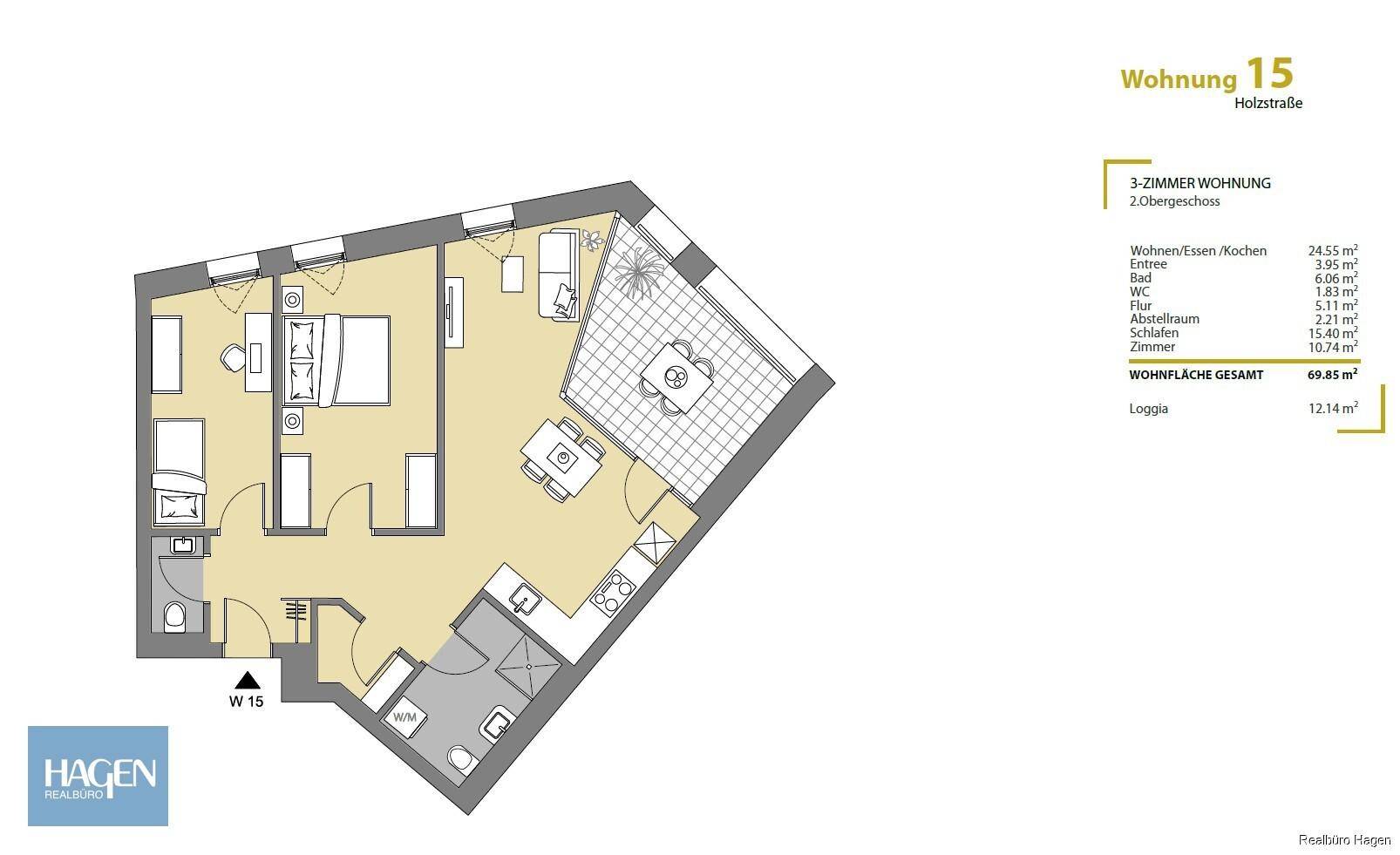 Grundriss einer 3-Zimmer-Wohnung mit offener Küche, Wohnbereich und Loggia.