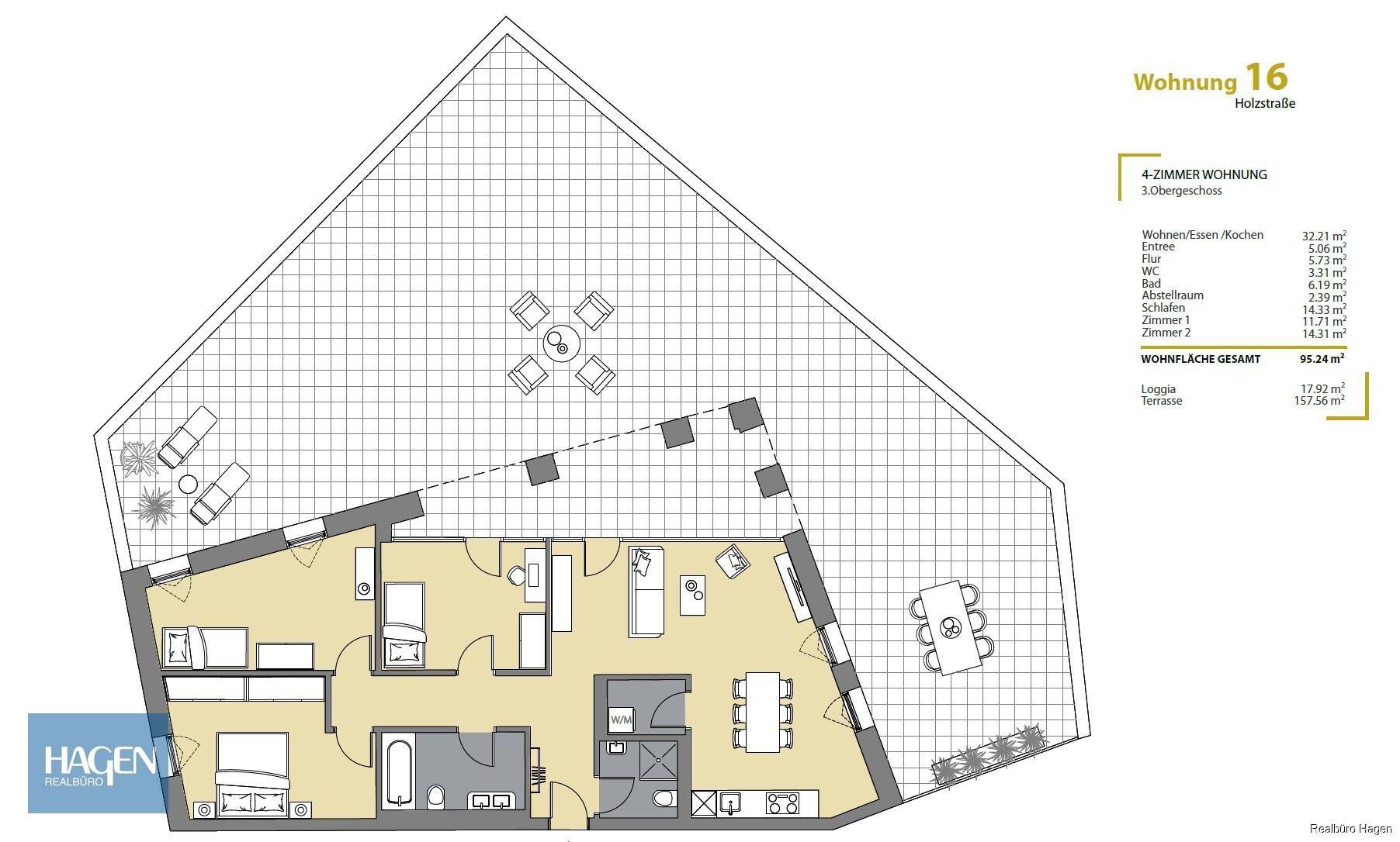 Grundriss der Wohnung 16 mit großzügiger Terrasse, Loggia und drei Schlafzimmern.