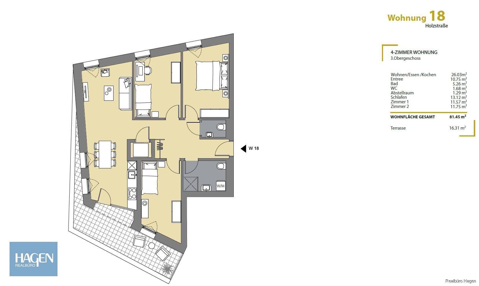 Grundriss einer 4-Zimmer-Wohnung im 3. Obergeschoss mit Terrasse und offener Wohnküche.