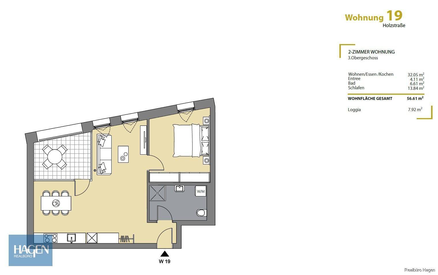 Grundriss der 2-Zimmer-Wohnung 19 mit offenem Wohnbereich, Schlafzimmer und Loggia.