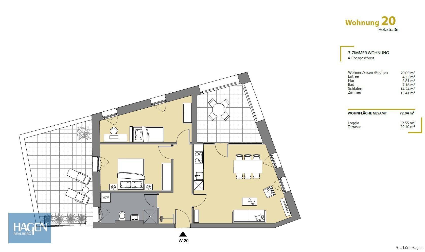 Grundriss der 3-Zimmer-Wohnung 20 im 4. Obergeschoss mit Loggia und Terrasse.