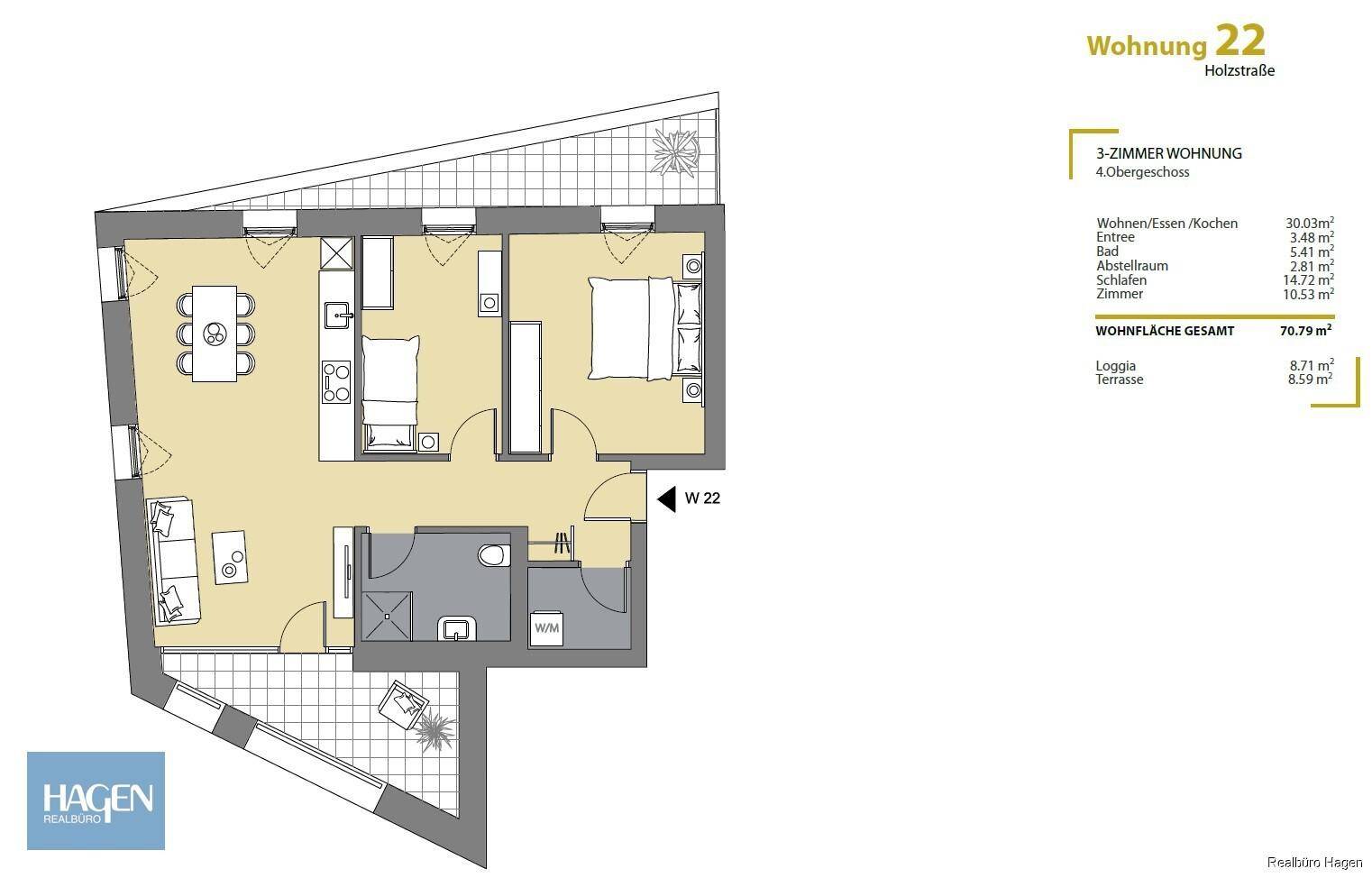 Grundriss einer 3-Zimmer-Wohnung im 4. Obergeschoss mit Loggia und Terrasse.