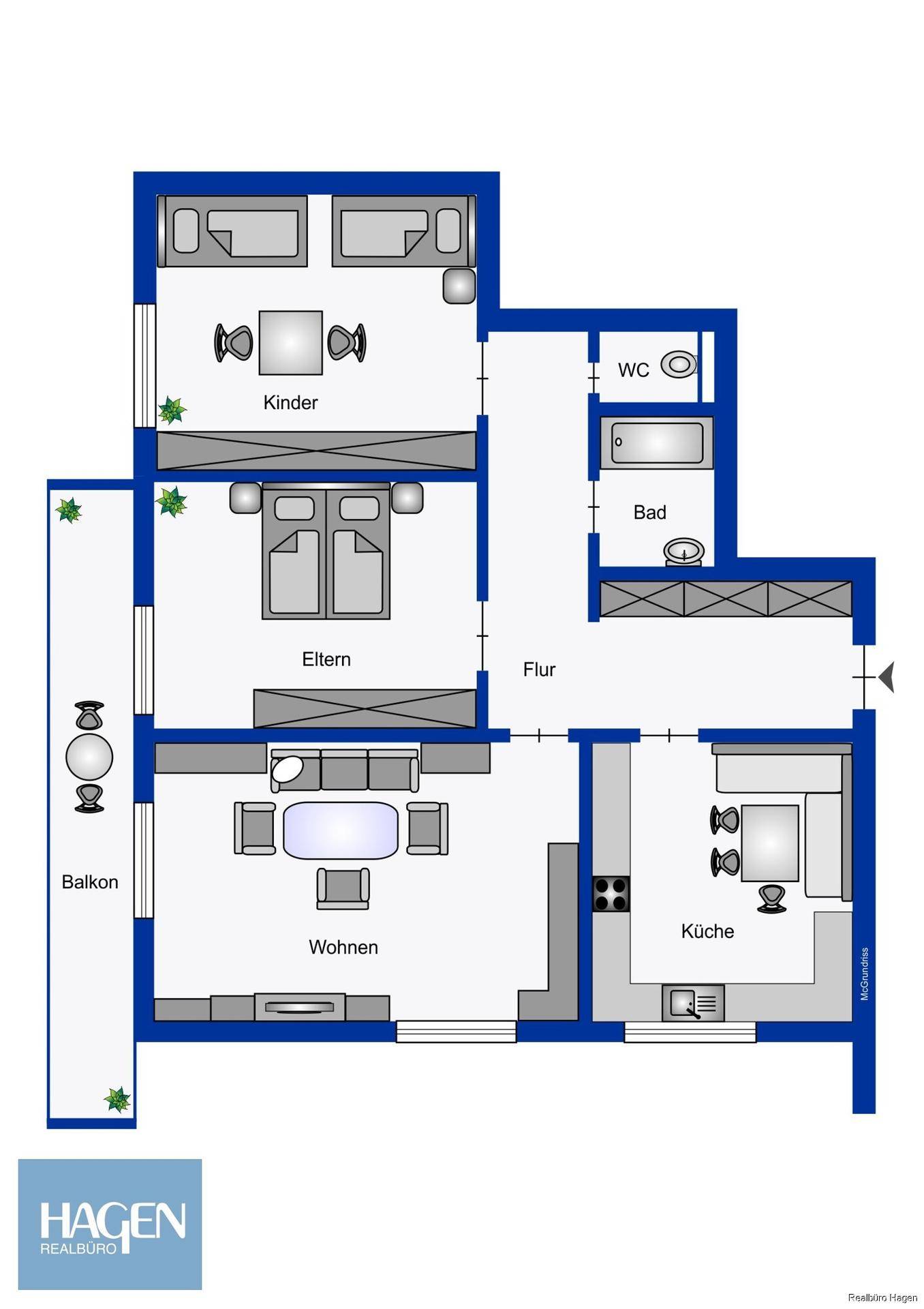 Grundriss der Wohnung mit Wohnzimmer, Küche, zwei Schlafzimmern, Bad, WC und Balkon.