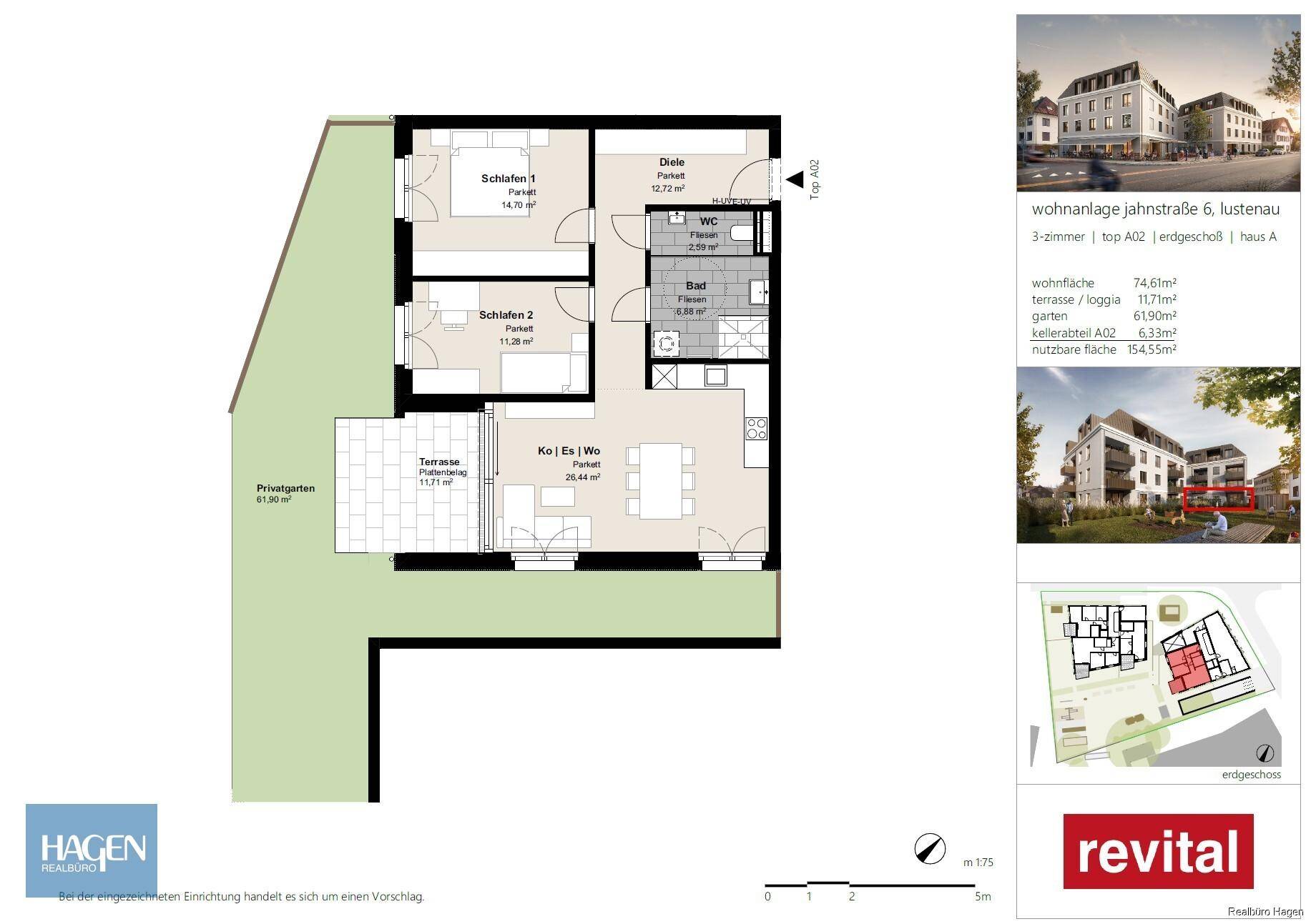 Grundriss einer 3-Zimmer-Wohnung mit Terrasse, Privatgarten und offenem Wohnbereich.