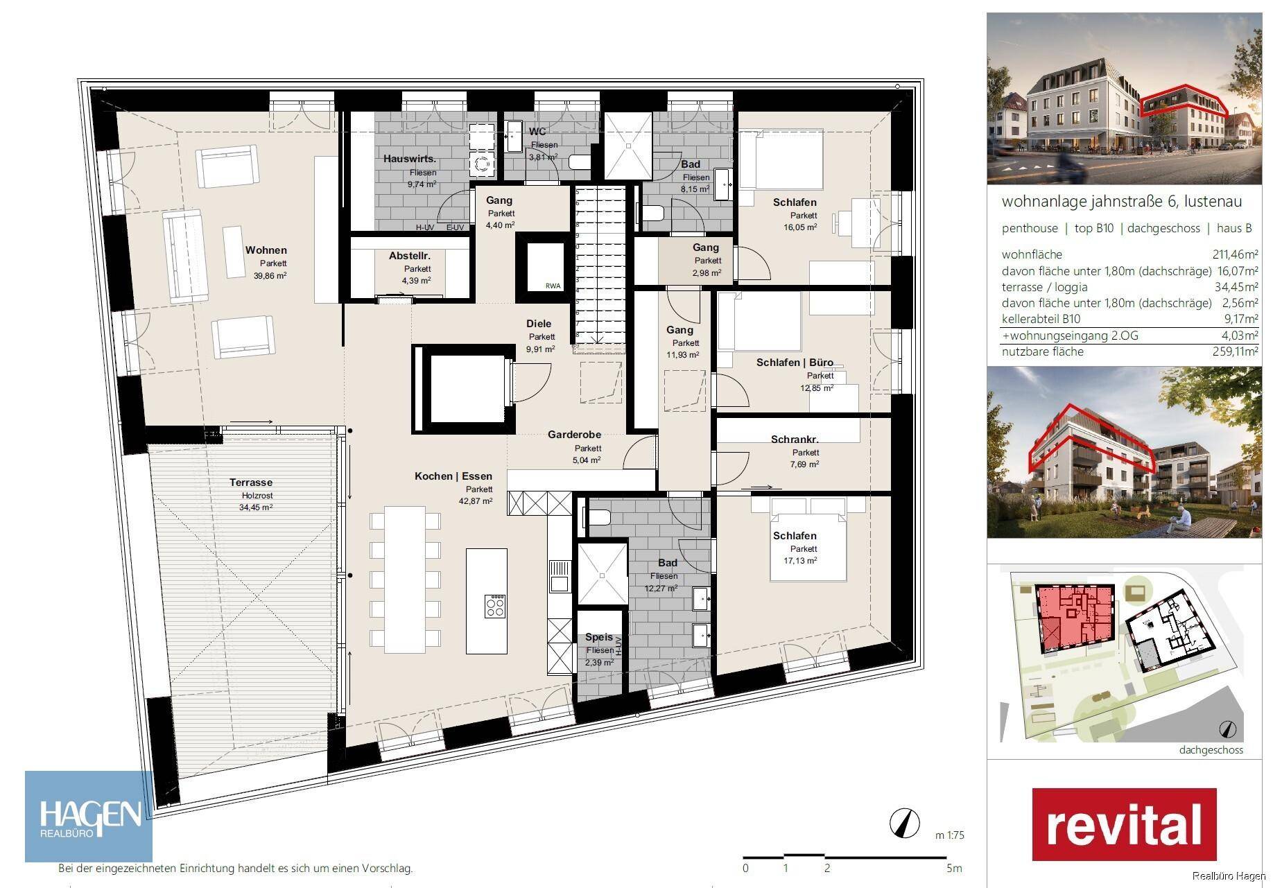 Detaillierter Grundriss einer Penthouse-Wohnung mit großer Terrasse und offener Küche.