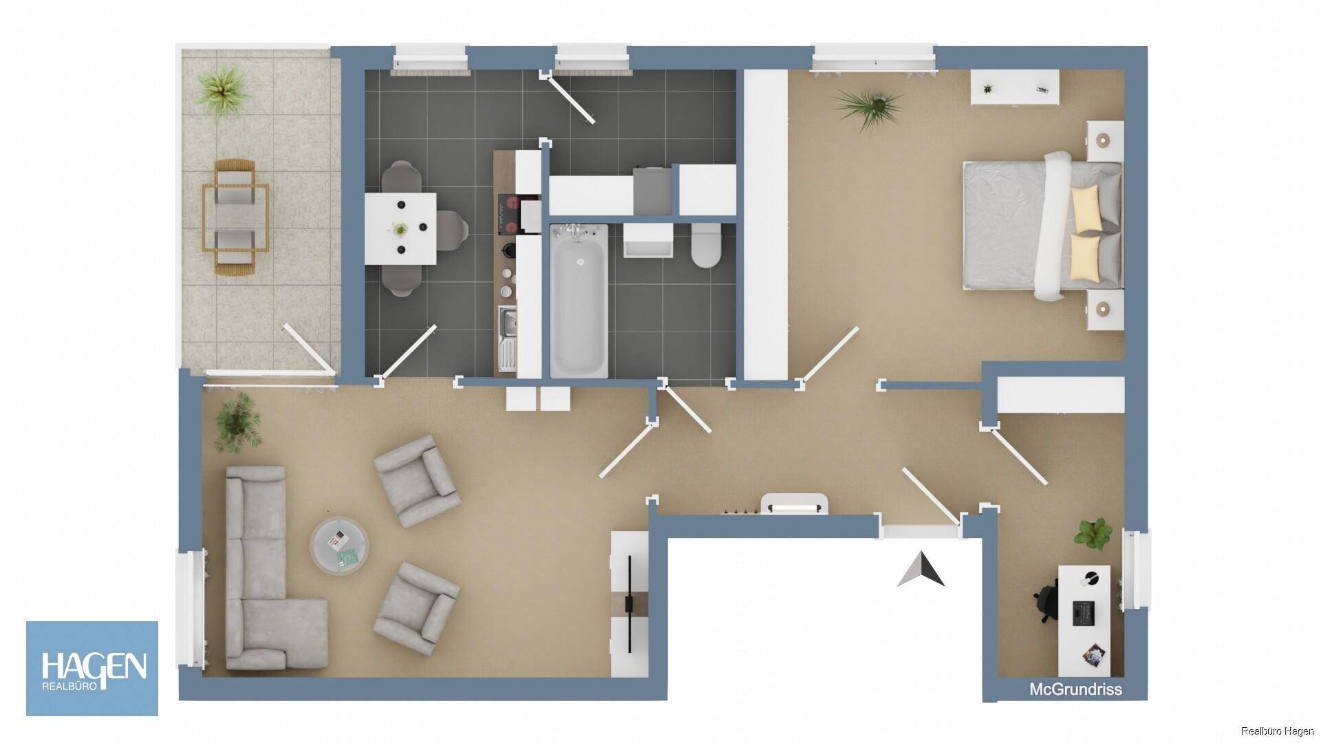 Möblierter Grundriss einer Wohnung mit Wohnzimmer, Küche, Schlafzimmer, Bad und Terrasse.