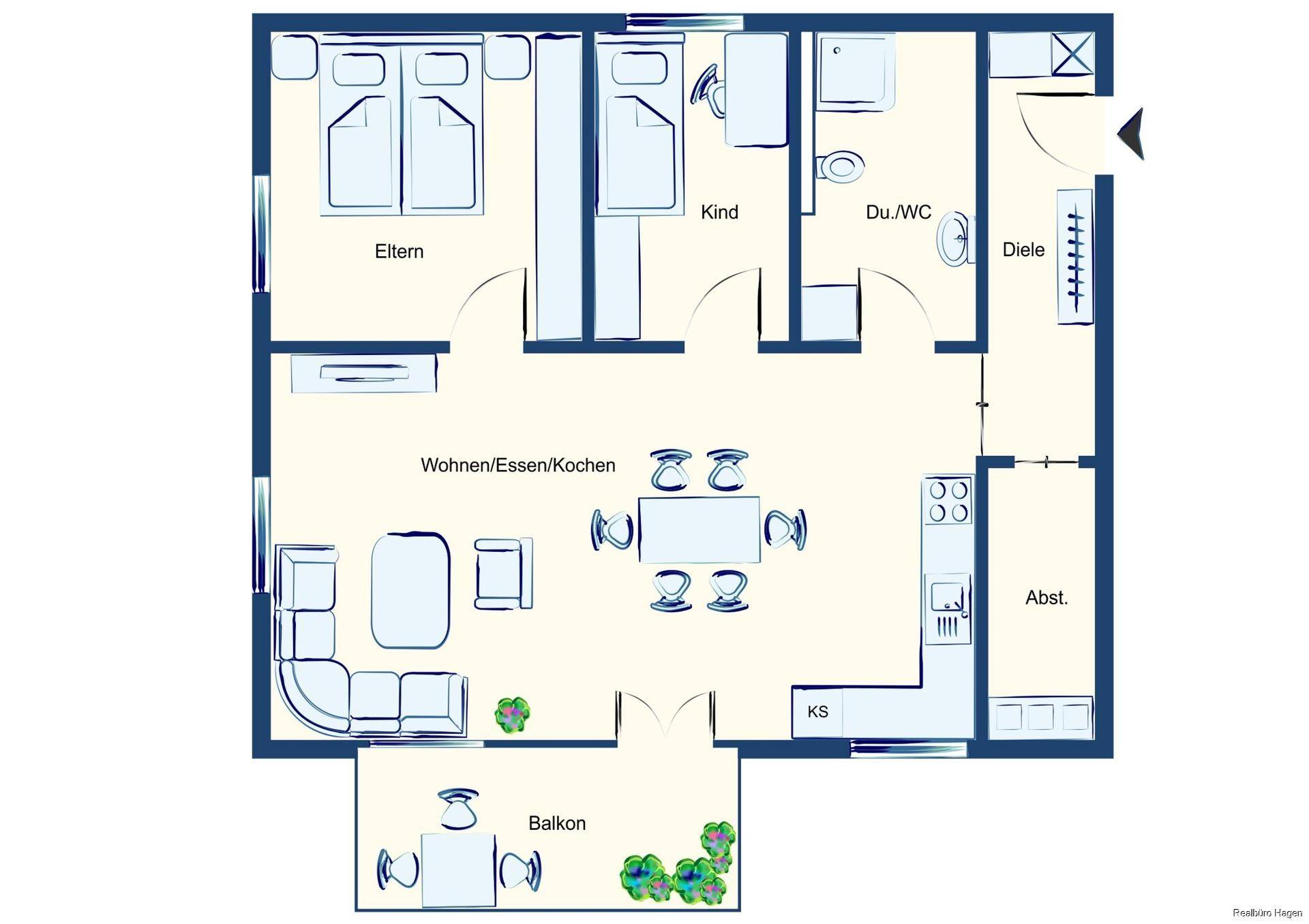 Grundriss der Wohnung mit offenem Wohn-Ess-Kochbereich, zwei Schlafzimmern und Balkon.