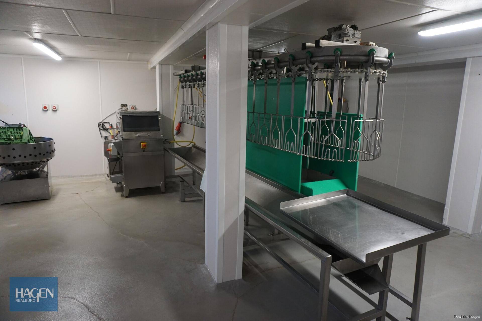 Detailansicht der industriellen Verarbeitungsmaschinen und eines Förderbands in der Produktionshalle.